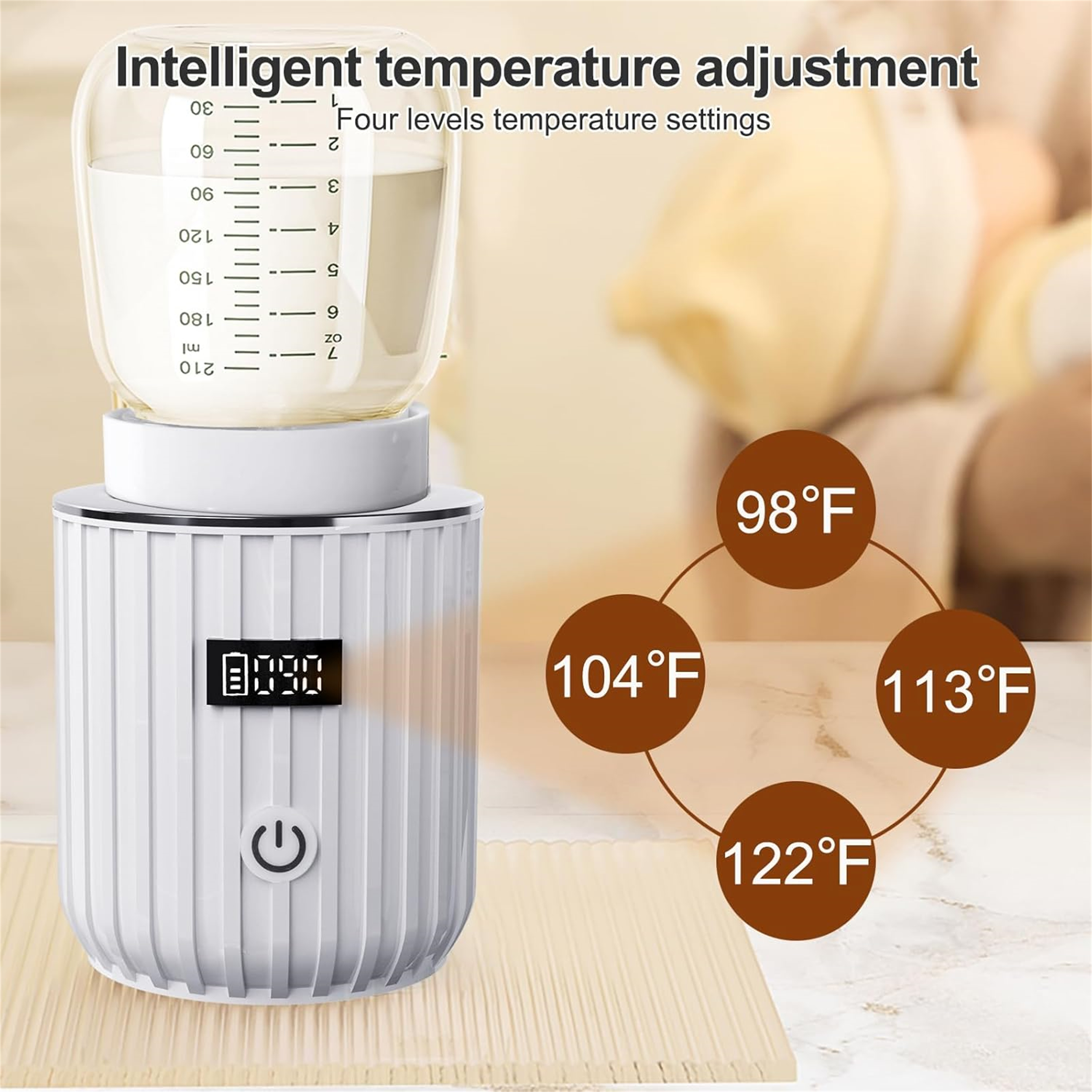 Weißer Babyflaschenwärmer mit einer Flasche Milch und Temperatureinstellungen in einem Kreis.