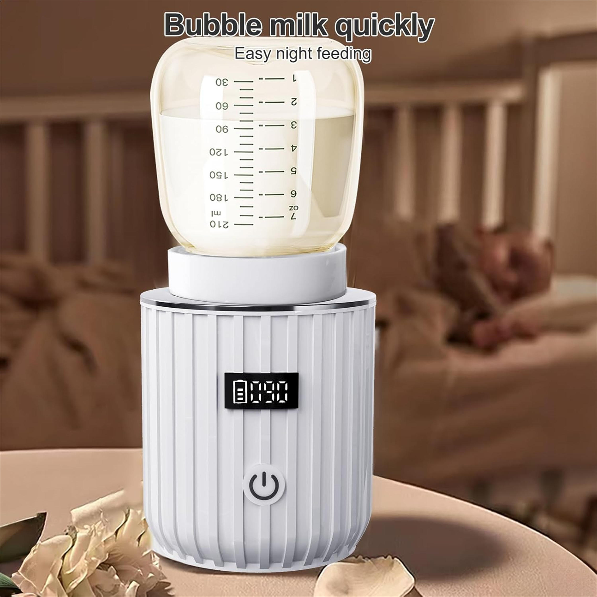 Ein Babyflaschenwärmer mit Milchflasche und LCD-Anzeige.