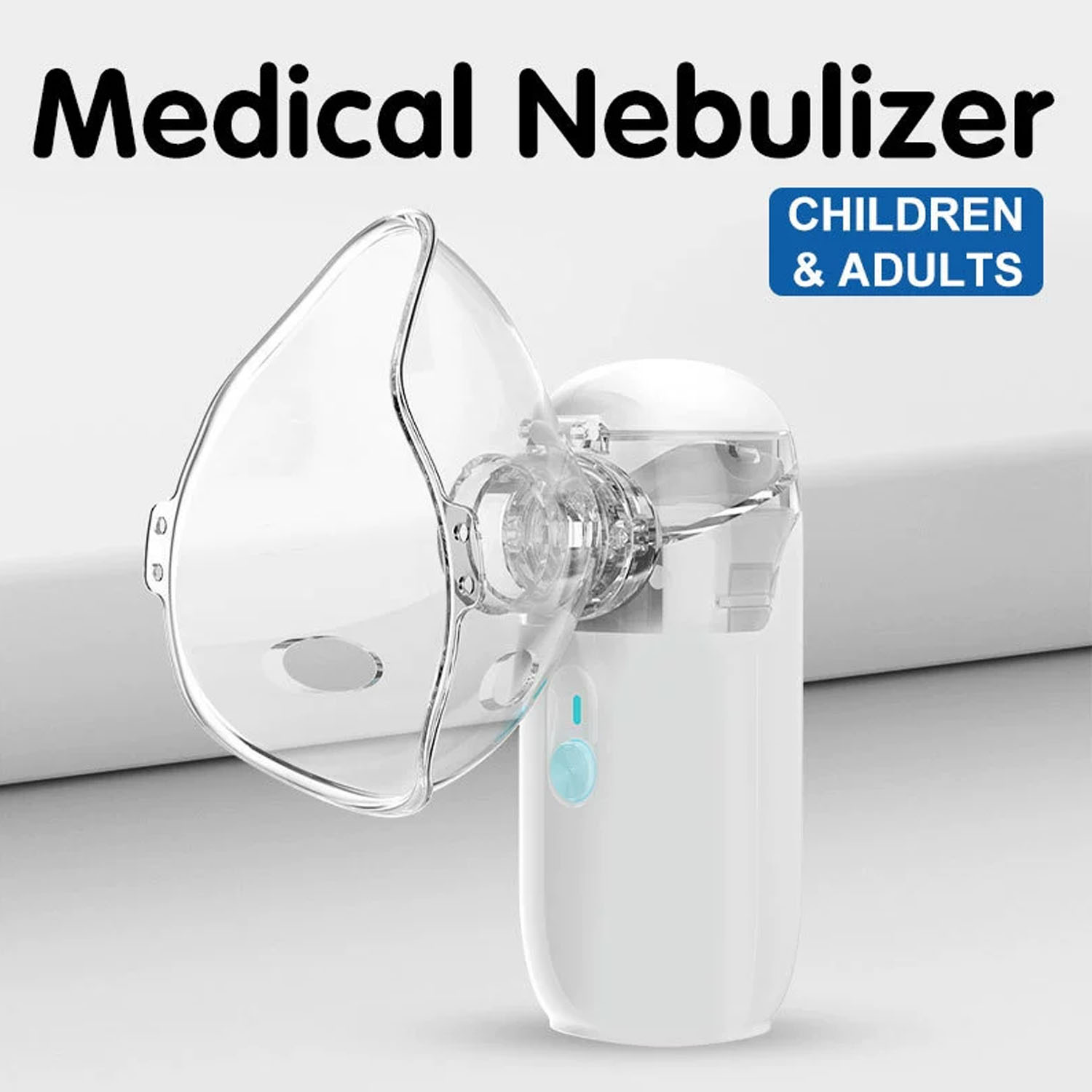 Medizinisches Verneblungsgerät für Kinder und Erwachsene. Es ist eine weiße Maschine mit Maske.