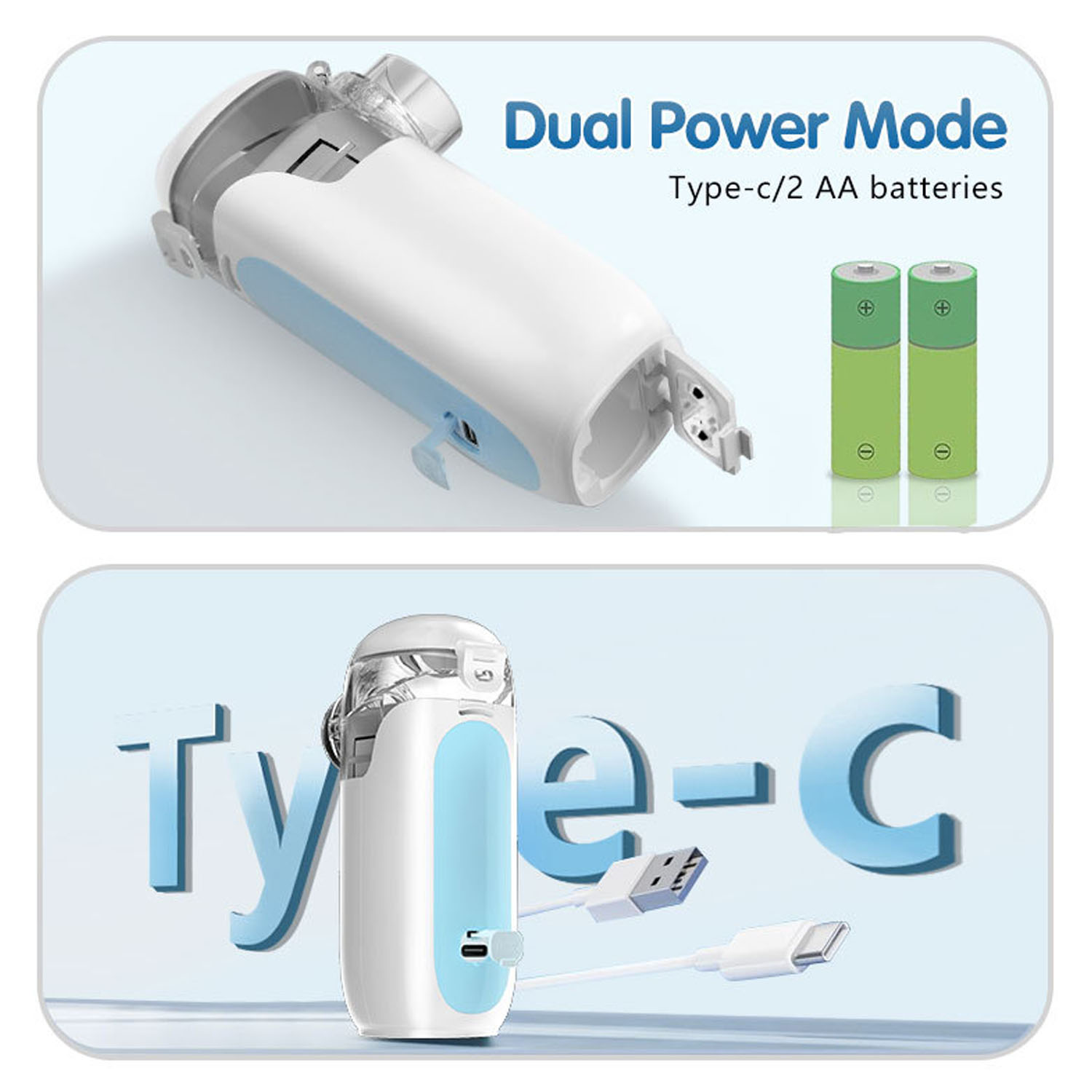 Vernebler mit Dual-Power-Modus, kann Typ-C oder AA-Batterien verwenden. Die Maschine ist weiß und blau.