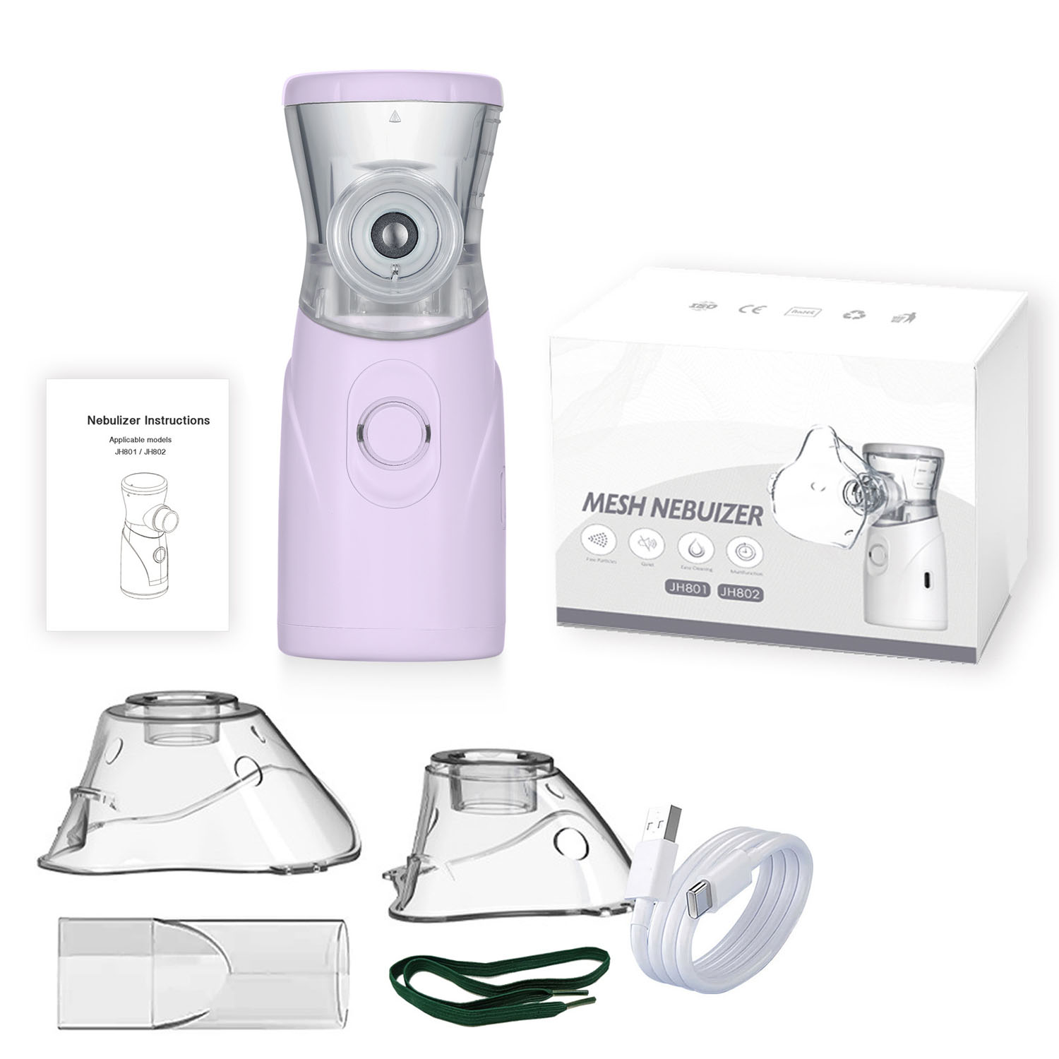 Mesh-Vernebler-Set mit Zubehör: Masken, Bedienungsanleitung und Kabel. Es ist ein rosa-weißes Set.