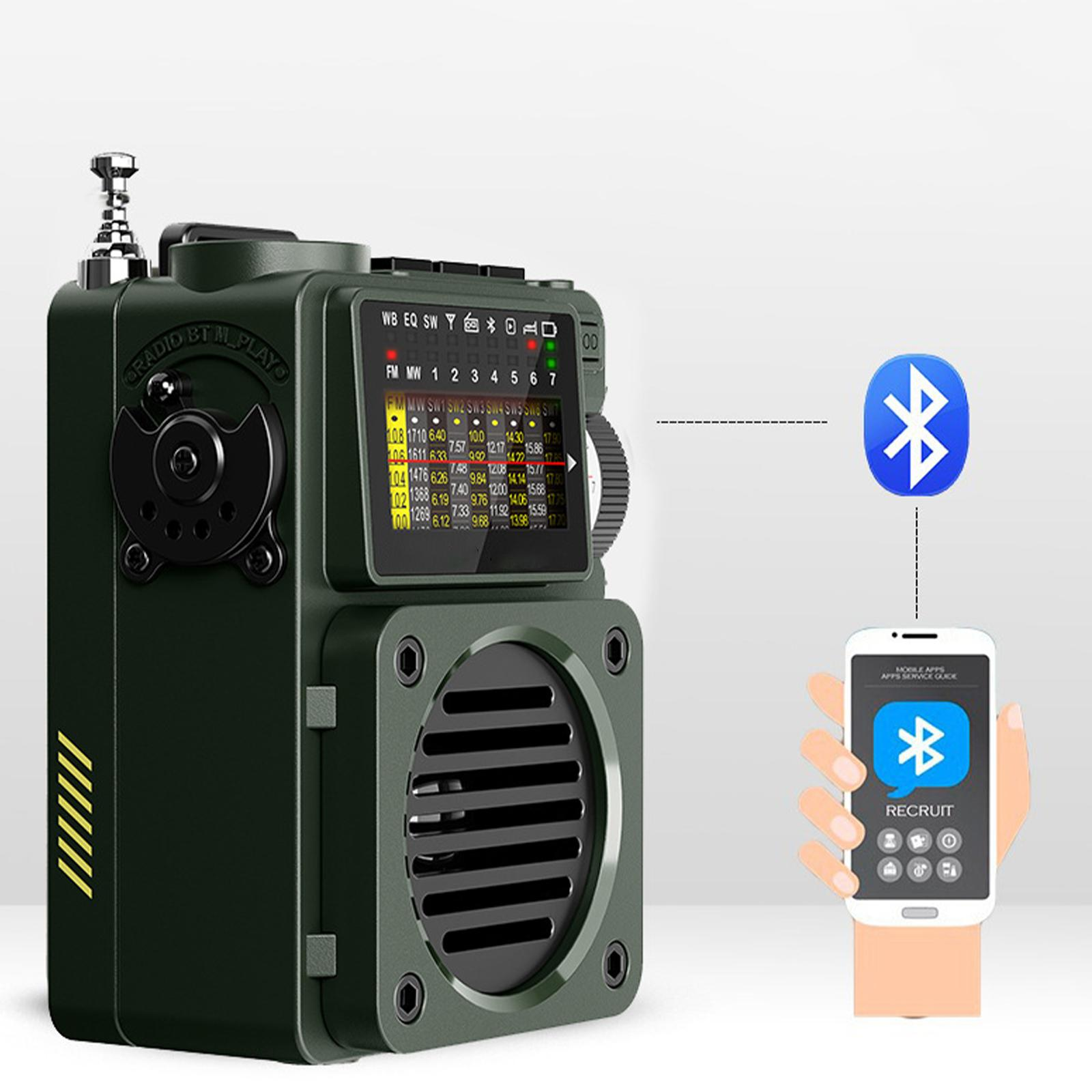 Grünes tragbares Radio und ein Smartphone, das über Bluetooth verbunden ist. Das Telefon zeigt eine App.
