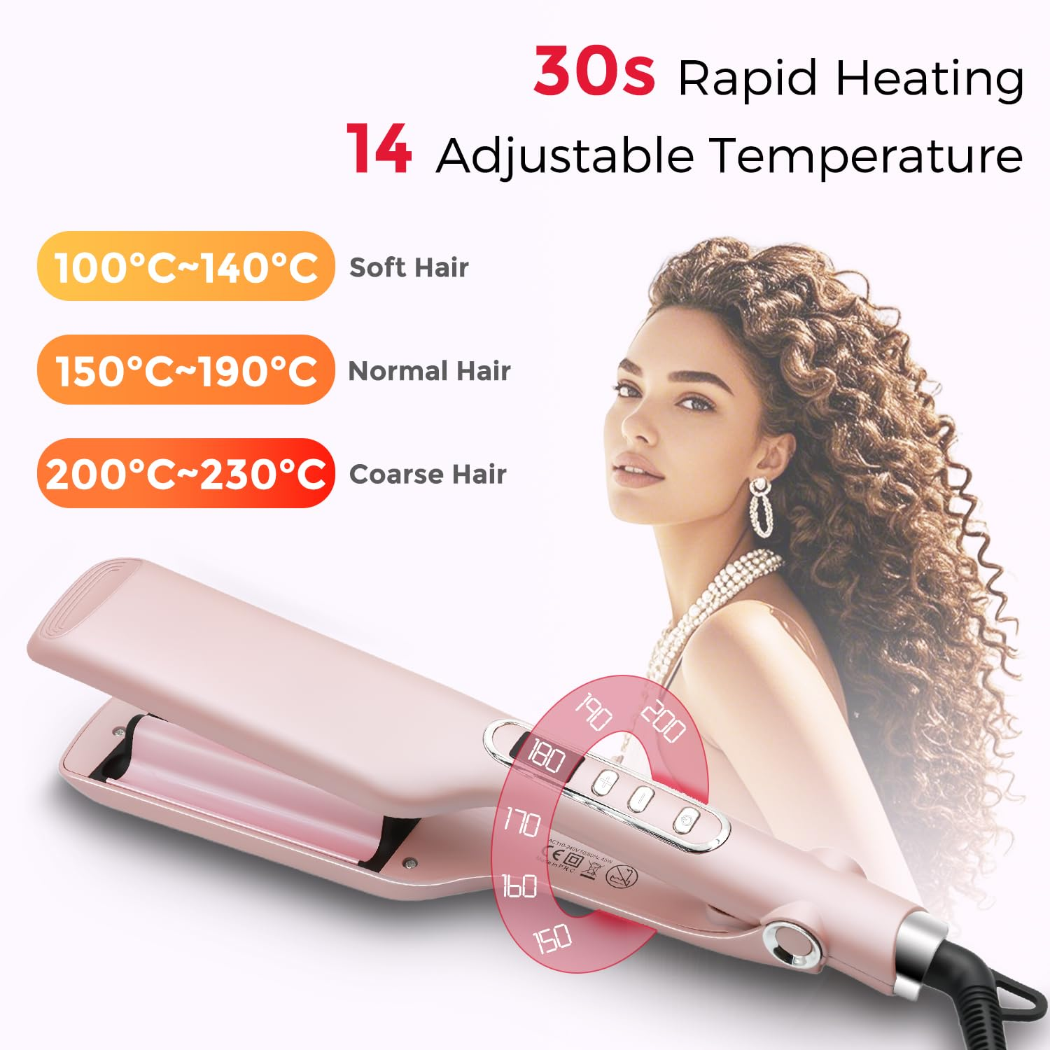 Haarglätter mit einstellbaren Temperatureinstellungen von 100°C bis 230°C. Das Produkt ist roségoldfarben.