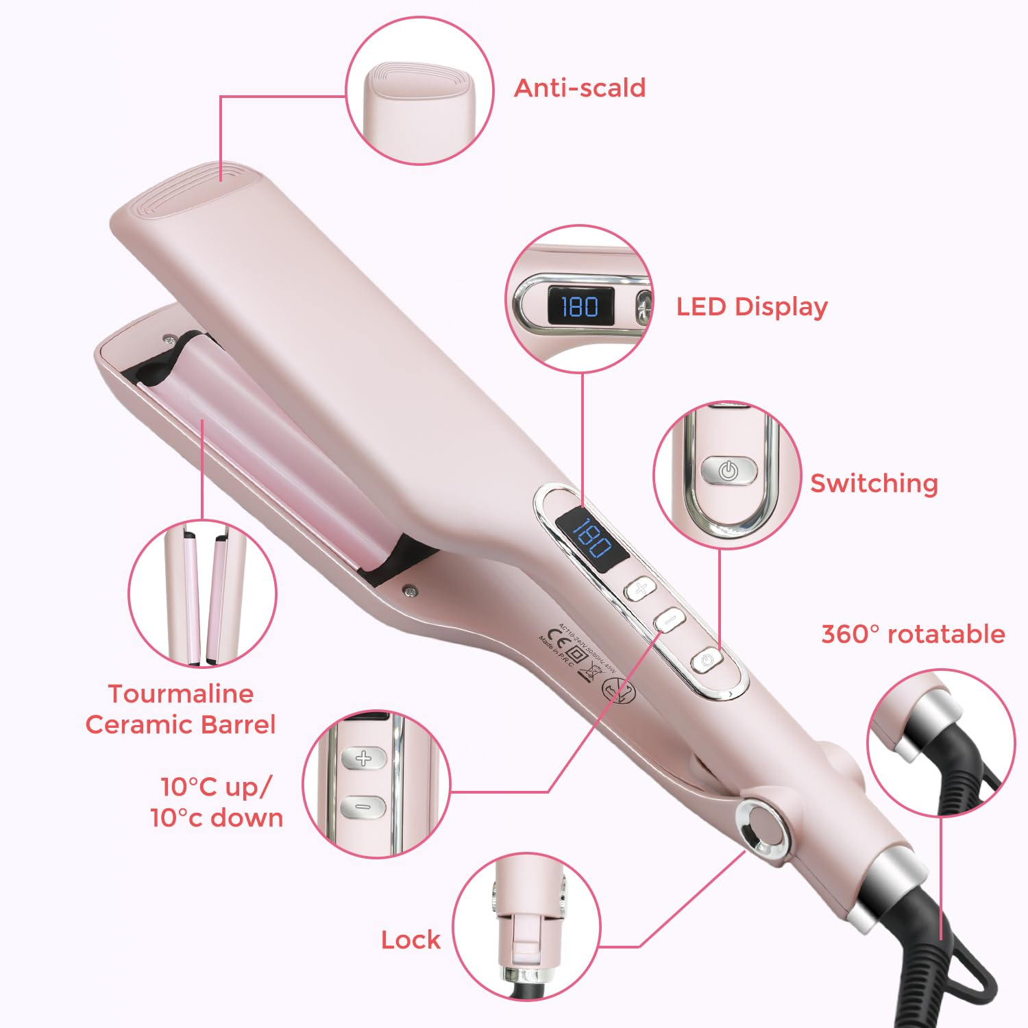 Roségoldenes Glätteisen mit Funktionen: Turmalin-Keramik, LED-Anzeige und Verriegelungsschalter. Weißer Hintergrund.