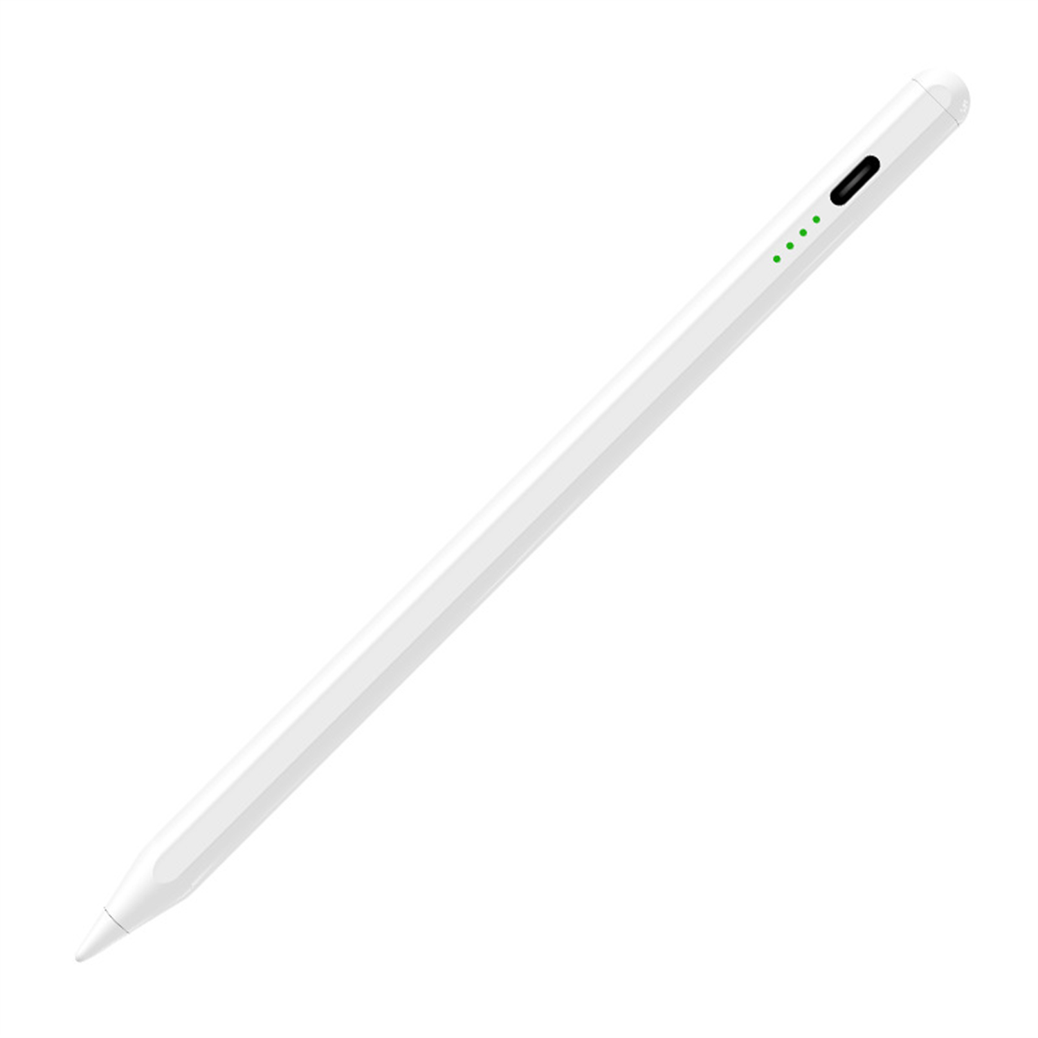 Ein weißer Stift mit schwarzer Spitze und kleinen grünen Lichtern oben.