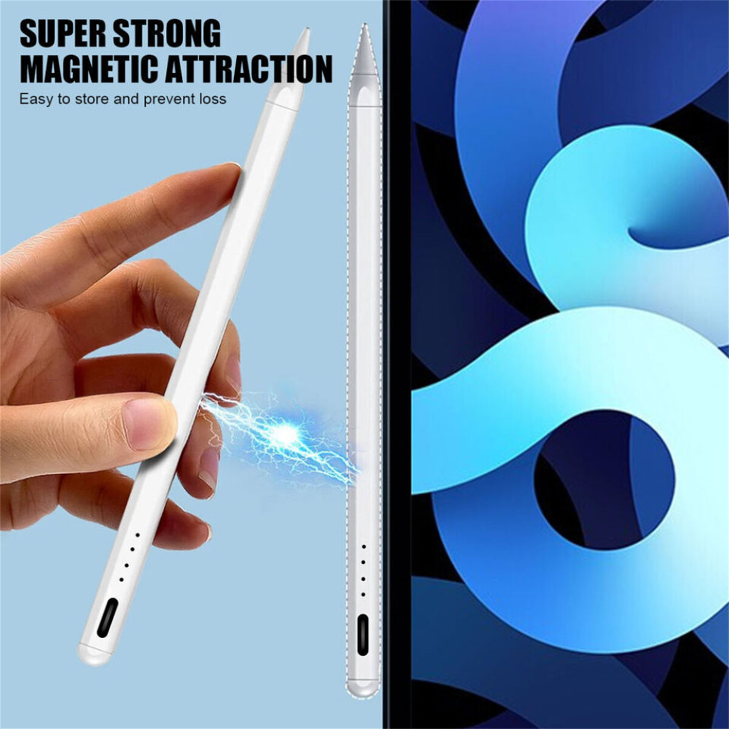 Ein weißer Stylus-Stift, der in der Hand gehalten wird, mit Magnetanziehungsdetail.
