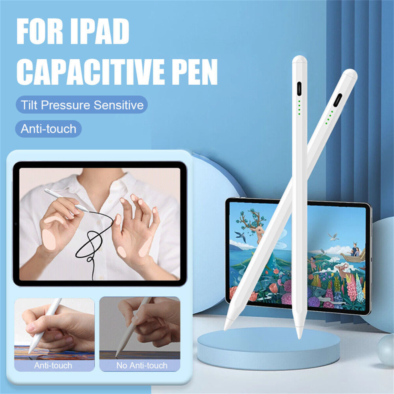 Ein weißer Stift für das iPad mit einem Tablet, das Zeichnungen zeigt, und zwei Stiften.