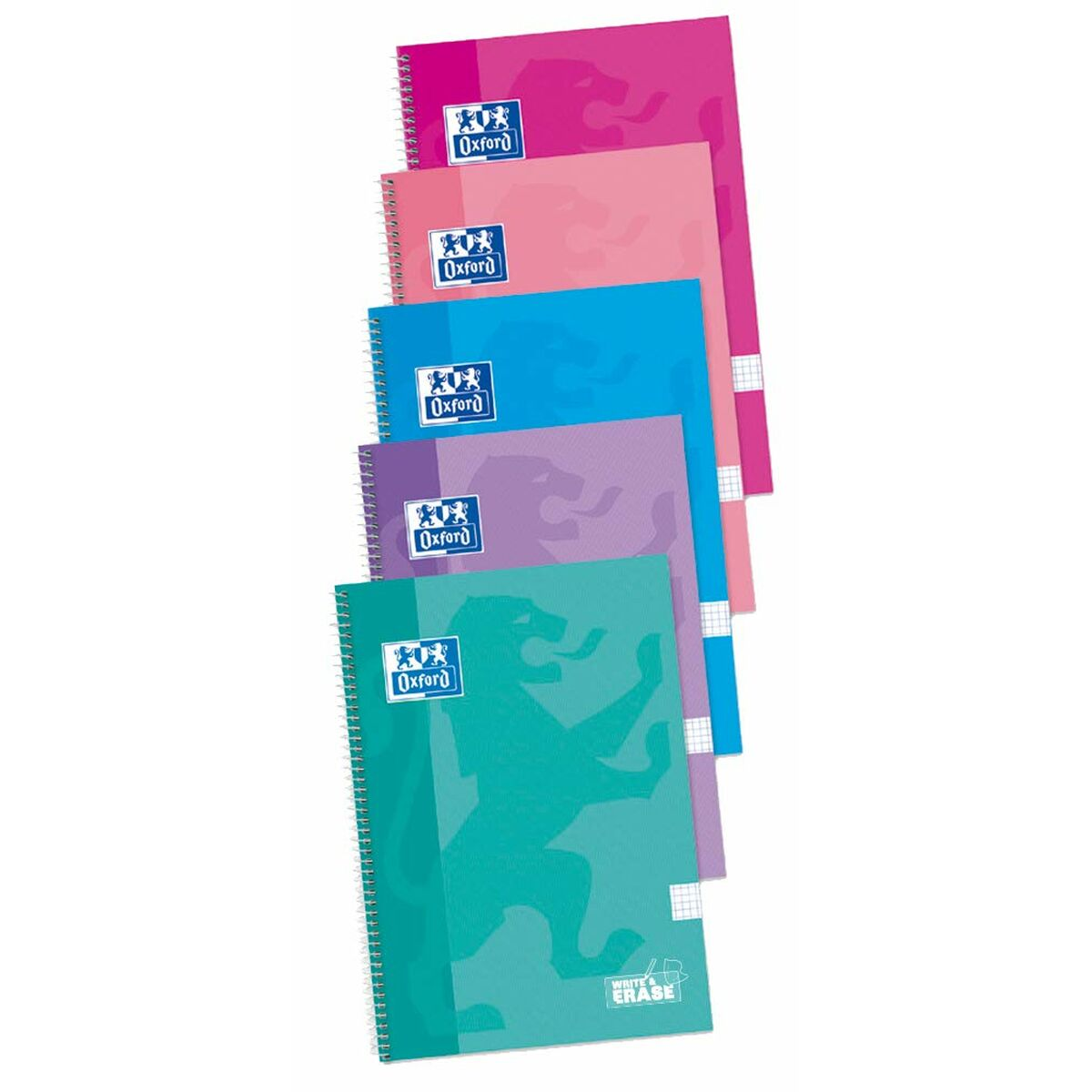 Fünf Oxford-Notizbücher in verschiedenen Farben. Die Umschläge haben das Oxford-Logo und Silhouetten.