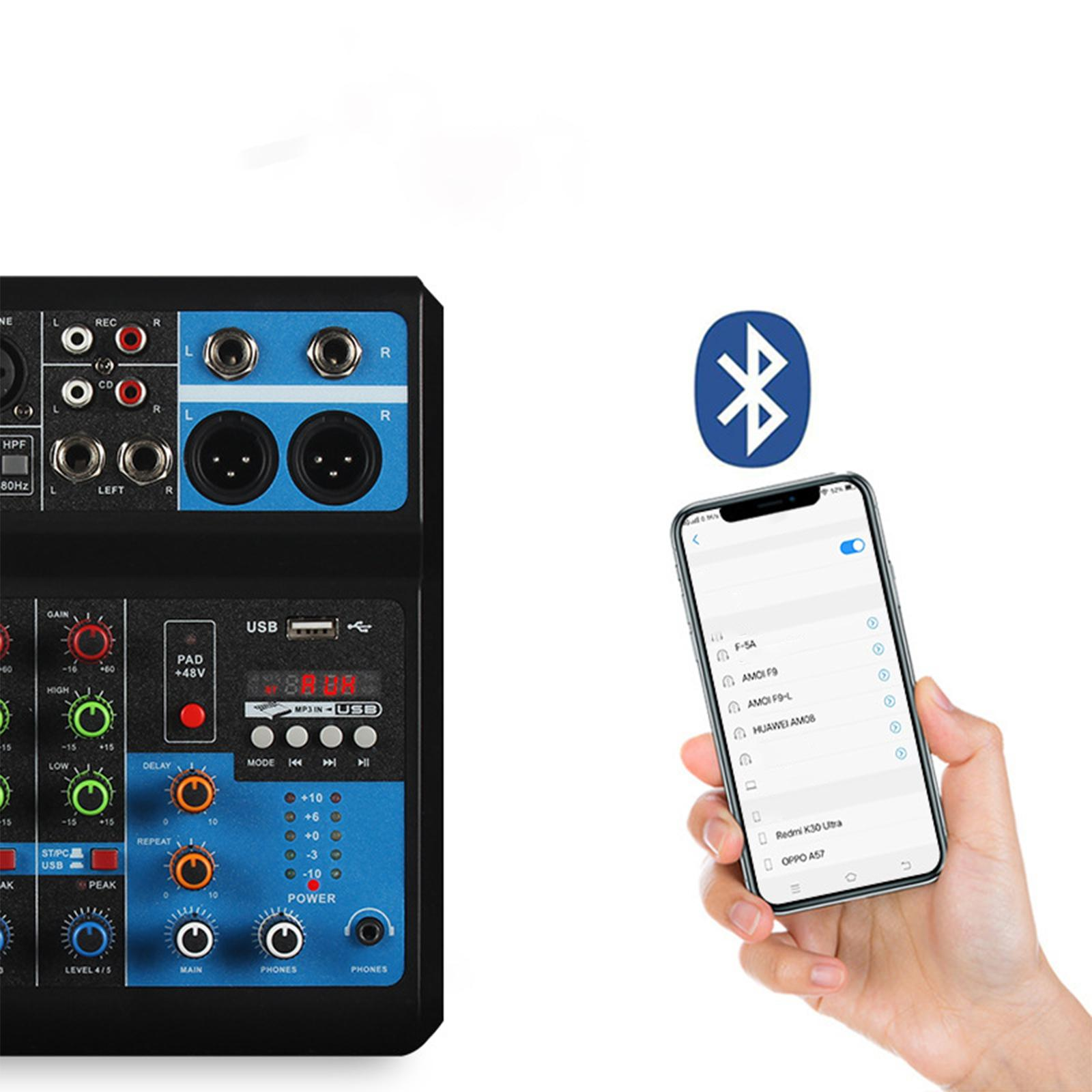 Ein Mischpult und ein Mobiltelefon, das über Bluetooth verbunden ist. Das Telefon zeigt eine Geräteliste.