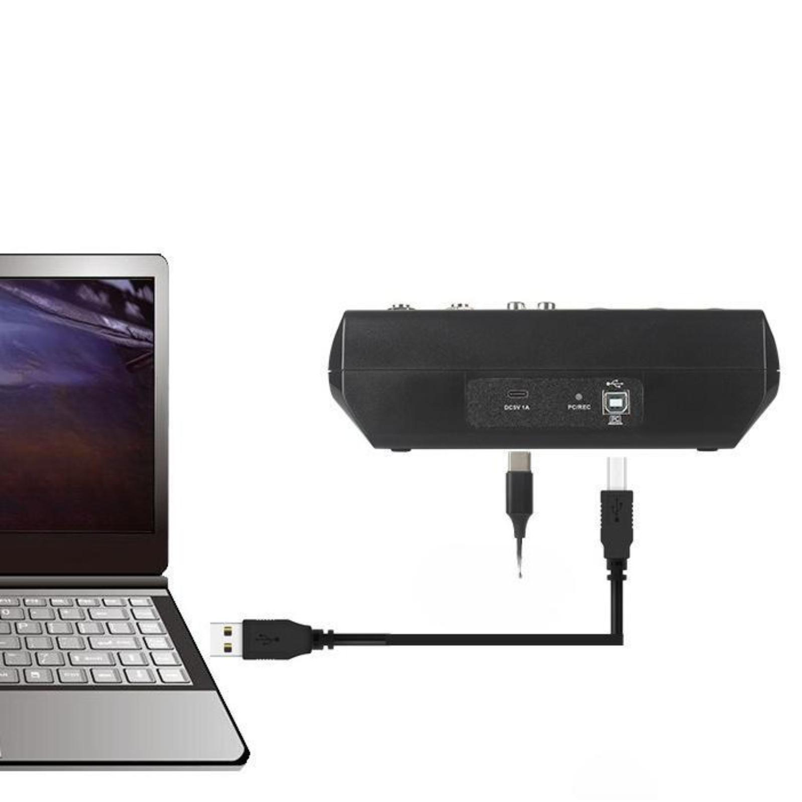 Ein Laptop, der über ein USB-Kabel mit einer Audioschnittstelle verbunden ist. Die Schnittstelle ist schwarz.