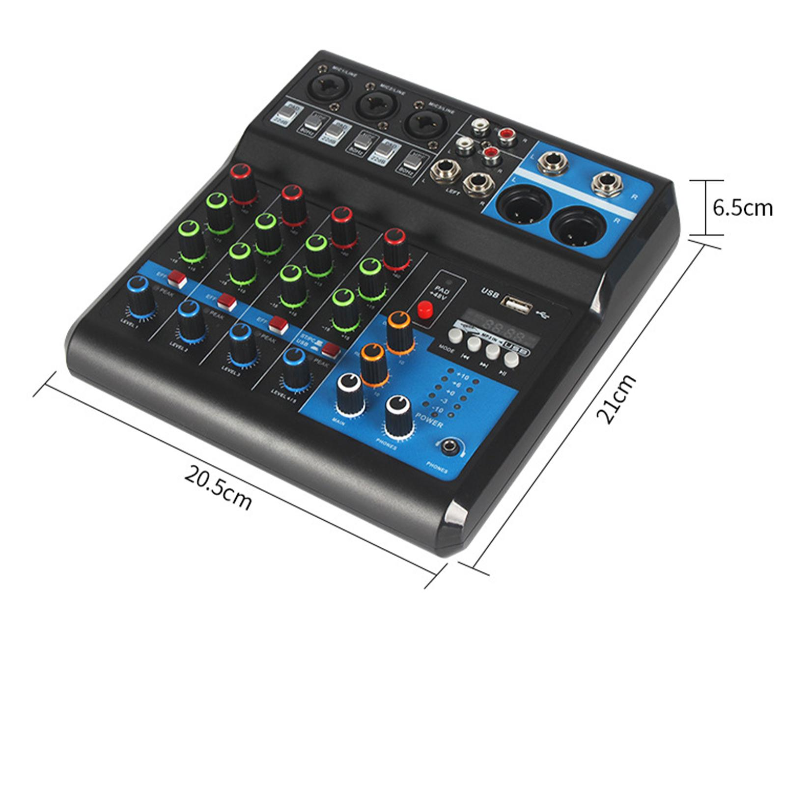 Schwarzer und blauer Audiomixer mit Knöpfen und Tasten, Maße beschriftet.