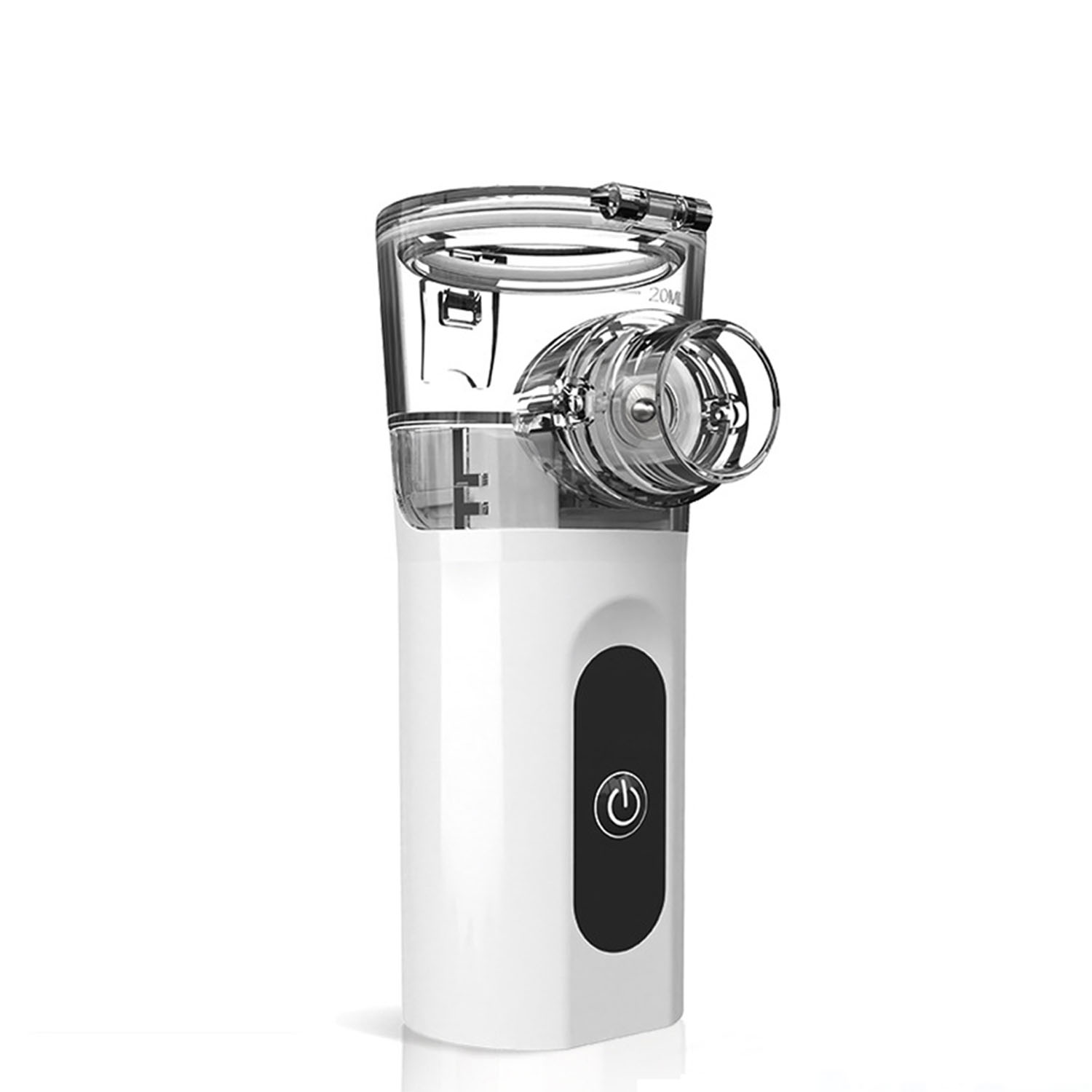 Weißer Vernebler mit schwarzem Power-Knopf. Die Oberseite ist transparent und das Design modern.