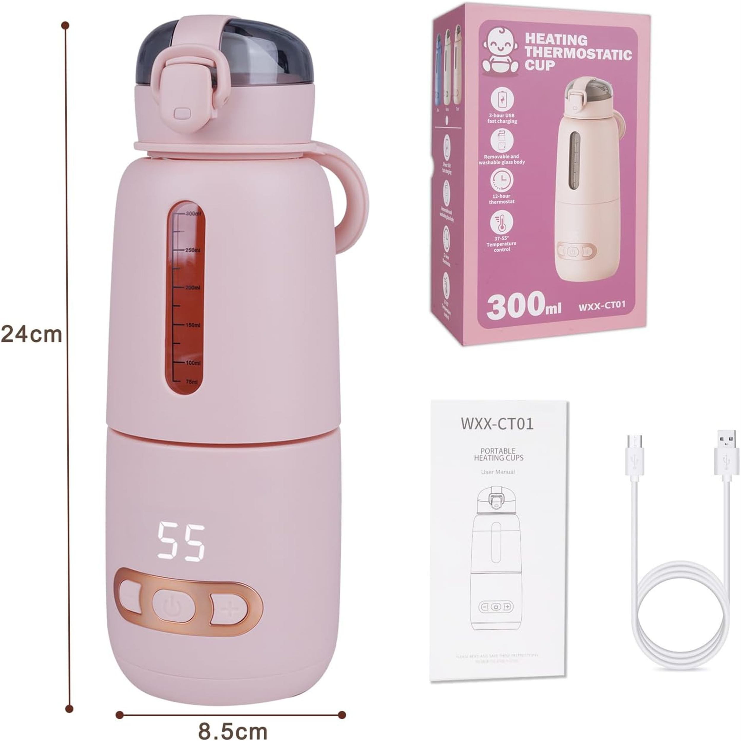 Pinkfarbene Heiz-Thermostat-Tasse und -Box mit Maßangaben.