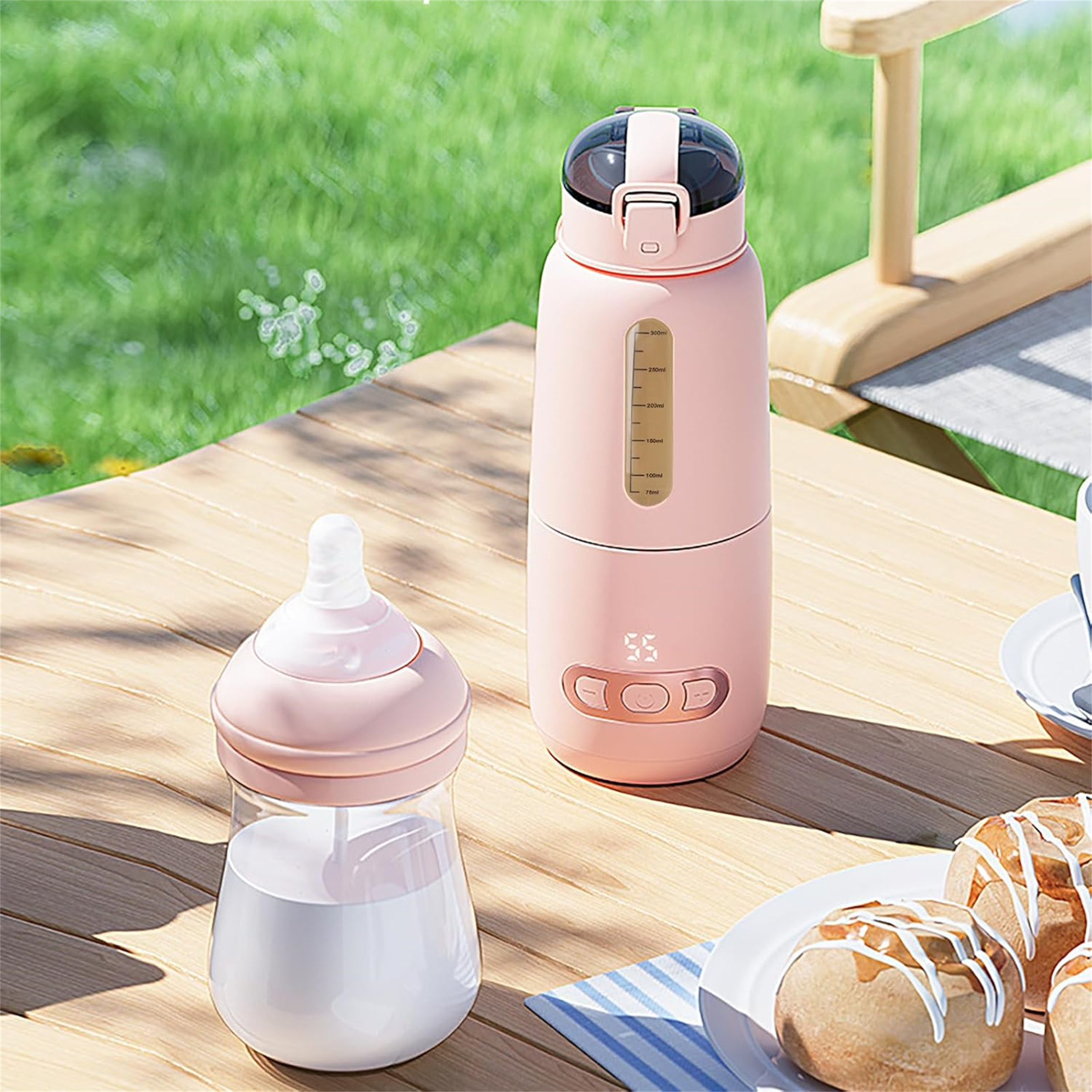 Rosa Wasserflasche und Babyflasche auf einem Holztisch im Freien mit grünem Hintergrund.