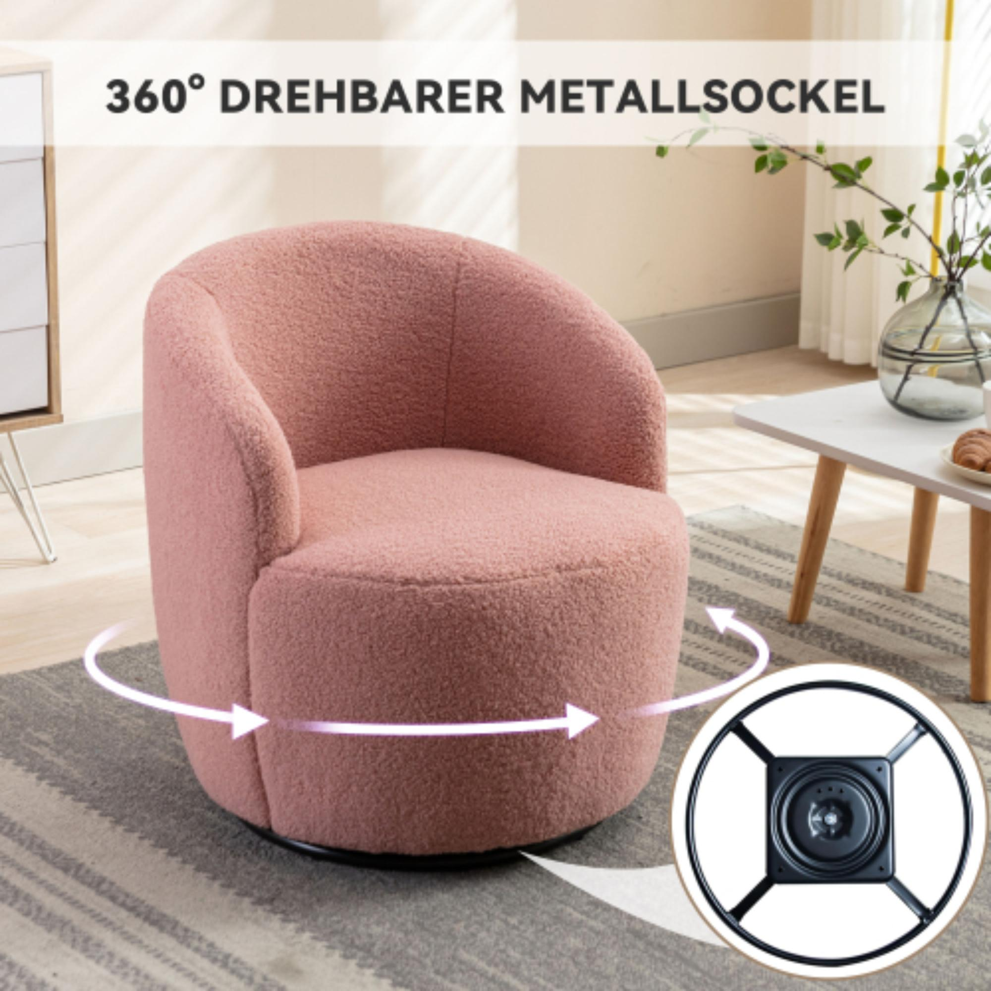 Rosa, flauschiger Drehstuhl mit schwarzem Fuß, auf einem gestreiften Teppich.