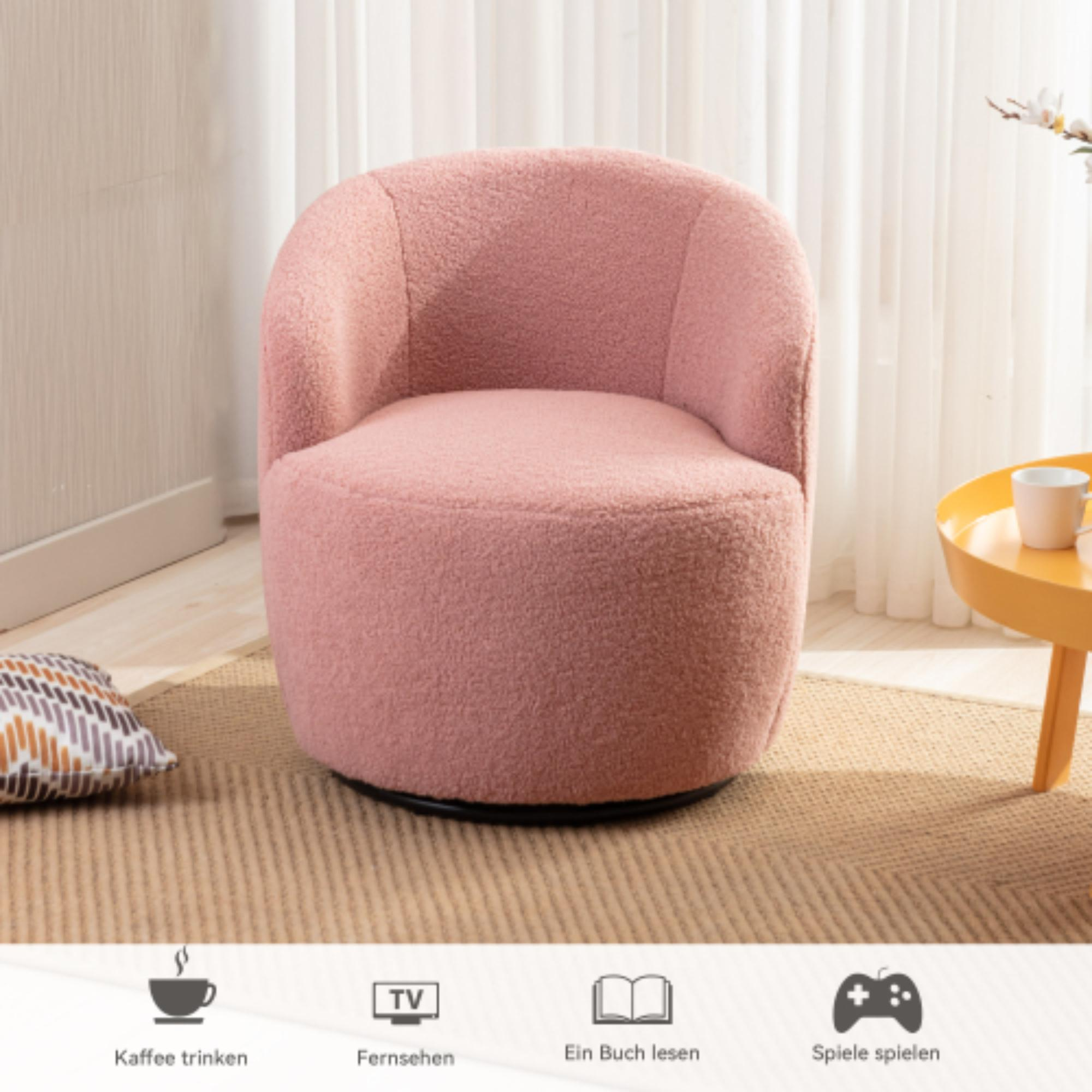 Ein rosa Sessel in einem Wohnzimmer. Unten befinden sich Symbole für Aktivitäten.
