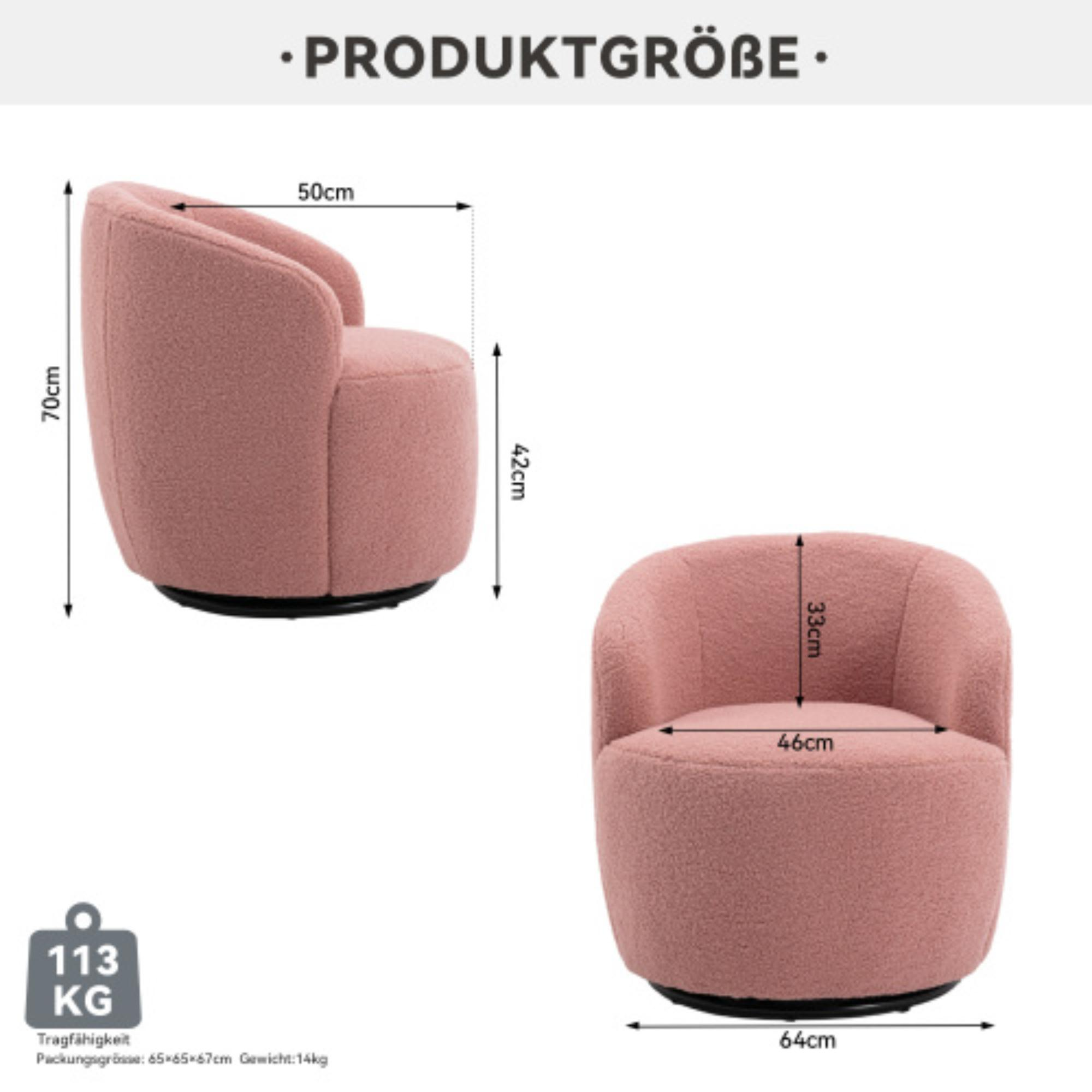 Rosa Stuhl, Maße gezeigt. 70cm hoch, 50cm breit, 42cm tief, und 64cm breit am Boden.