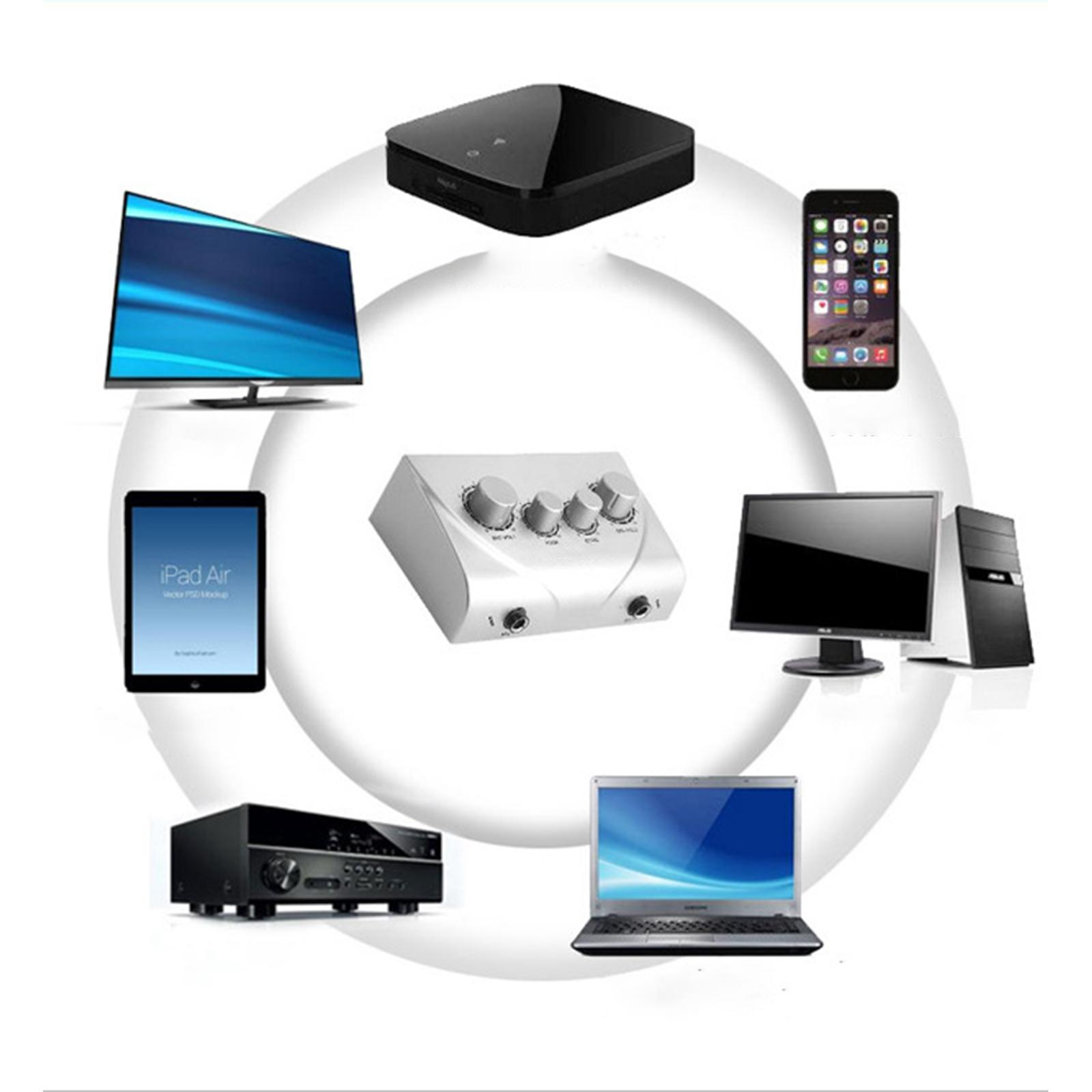 Verschiedene elektronische Geräte, darunter ein Fernseher, Laptop, Tablet und Audiomixer, sind kreisförmig angeordnet.