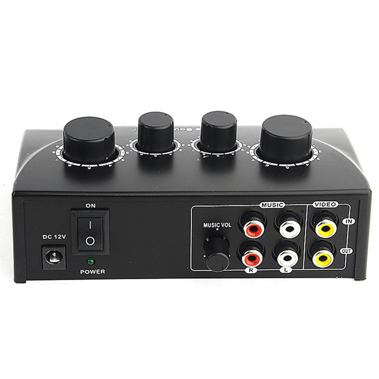 Schwarzer Audio-Mixer mit Knöpfen, Tasten und verschiedenen Ein-/Ausgängen.