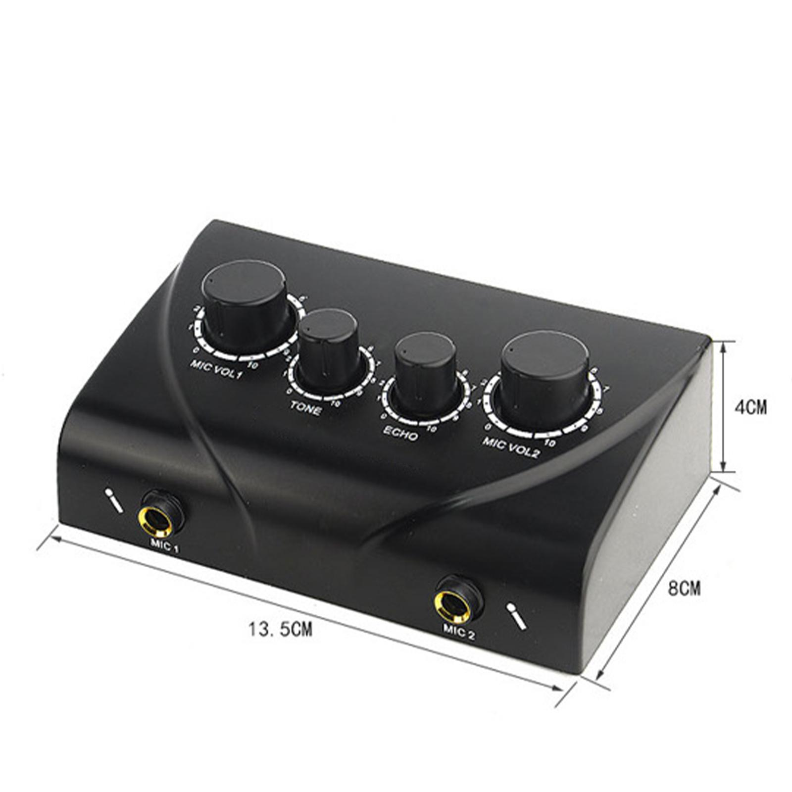 Schwarzer Audiomixer mit Knöpfen für Lautstärke, Ton, Echo und Mikrofonlautstärke. Hat Abmessungen geschrieben.