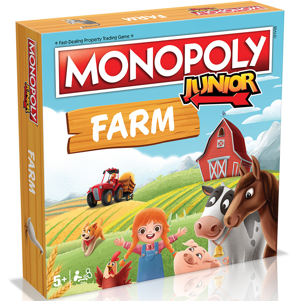 Scatola Monopoly Junior Farm con scena della fattoria, illustrazioni e personaggi.