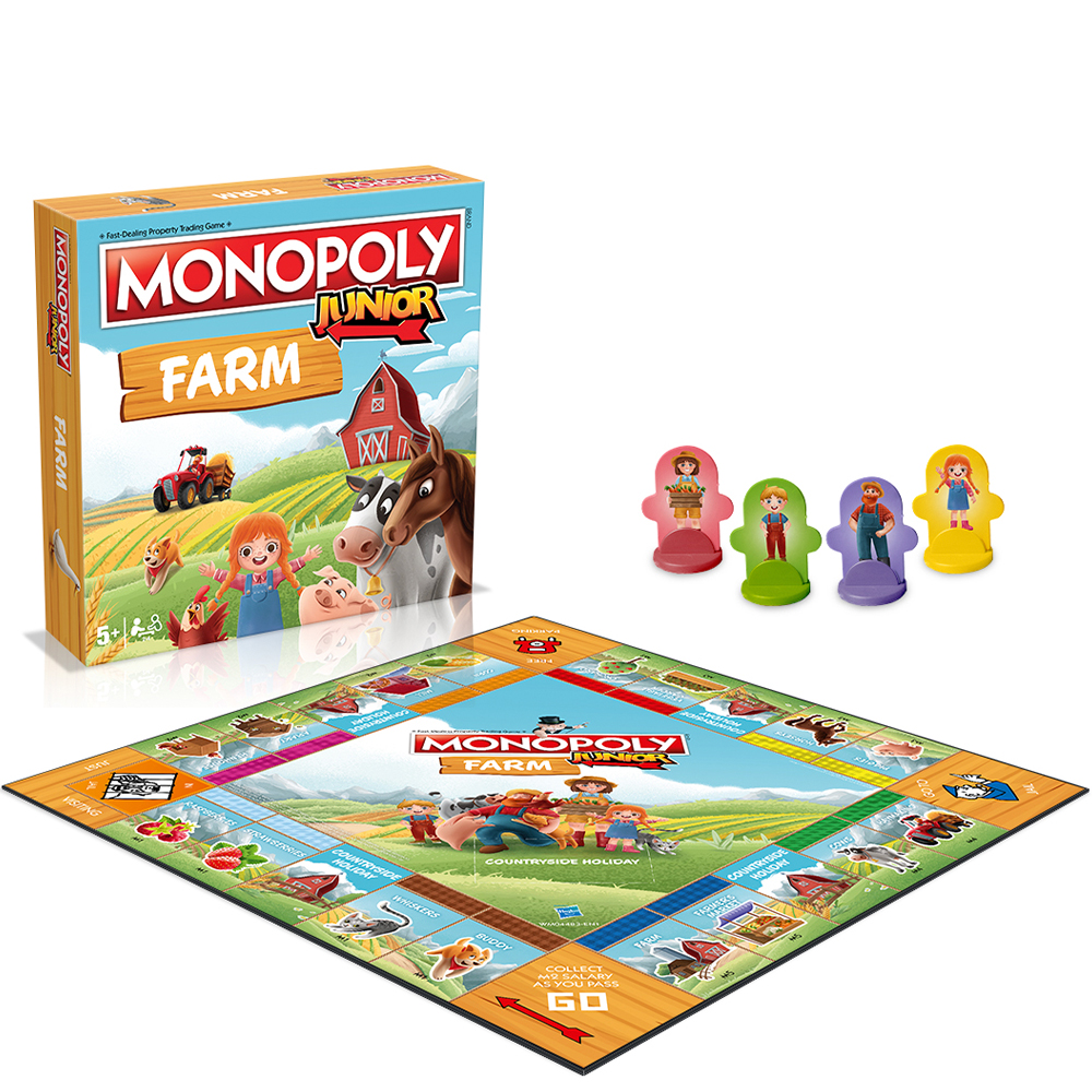 Set di gioco Monopoly Junior Farm. La scatola e il tabellone sono visibili insieme ai pezzi del gioco.