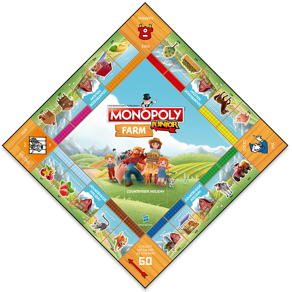 Tabellone Monopoly Junior Farm, a forma di rombo, scena rurale, personaggi e caselle.