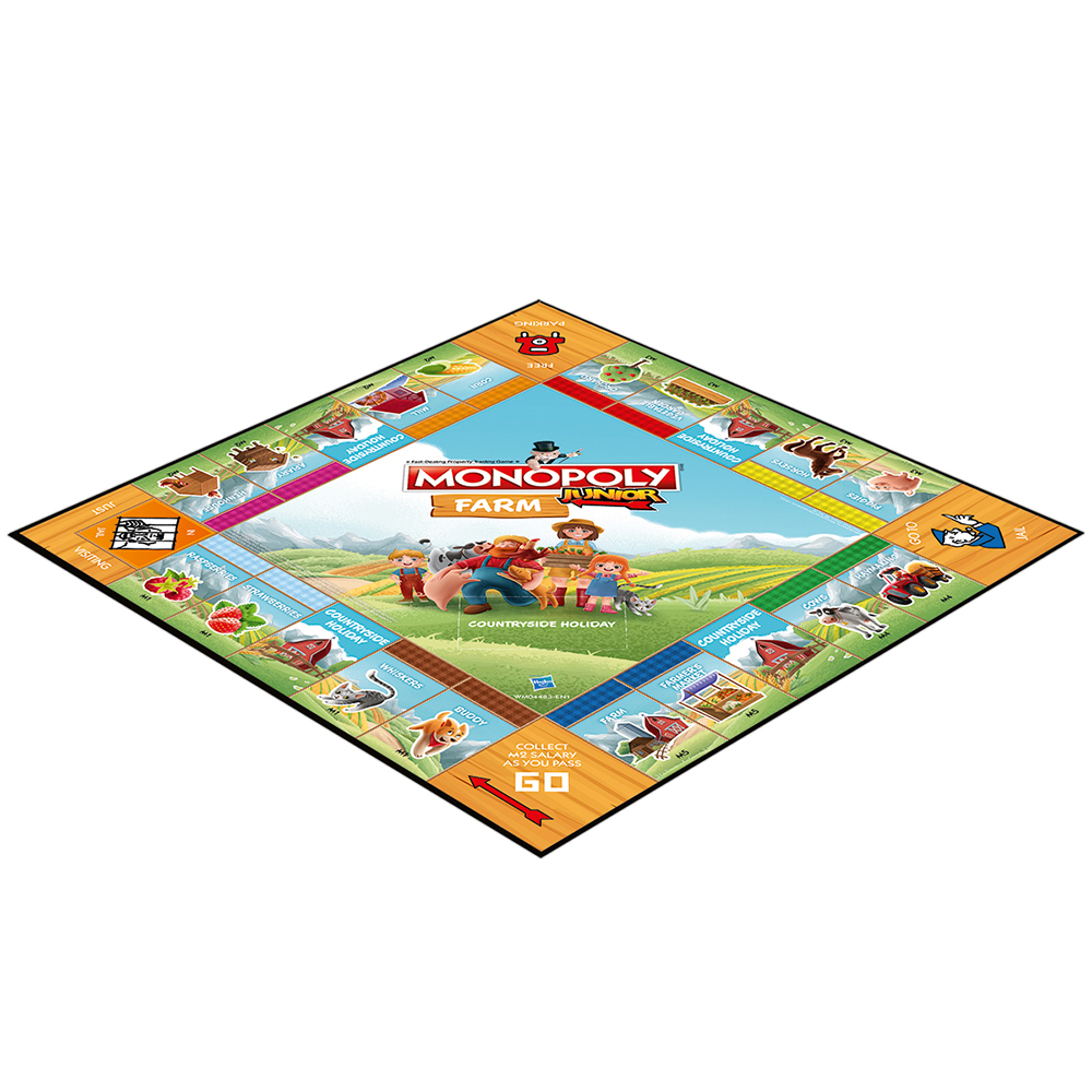 Tabellone Monopoly Junior Farm, a forma di rombo, con tema fattoria e personaggi.