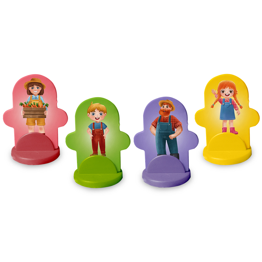 Pedine del gioco Monopoly Junior Farm: quattro personaggi con contadini e bambine.
