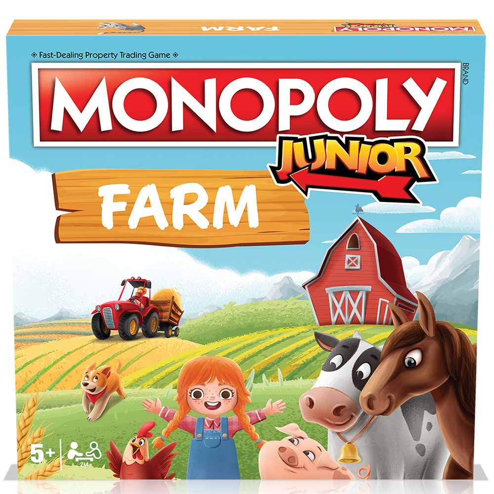 Scatola Monopoly Junior Farm con scena di gioco, personaggi, trattore rosso e animali.