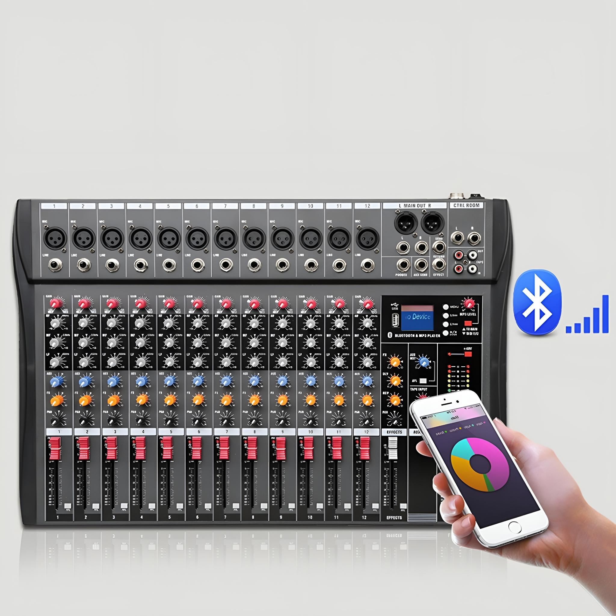 Schwarzer Audiomixer mit mehreren Knöpfen und Fadern und ein Smartphone, das ein Kreisdiagramm anzeigt.