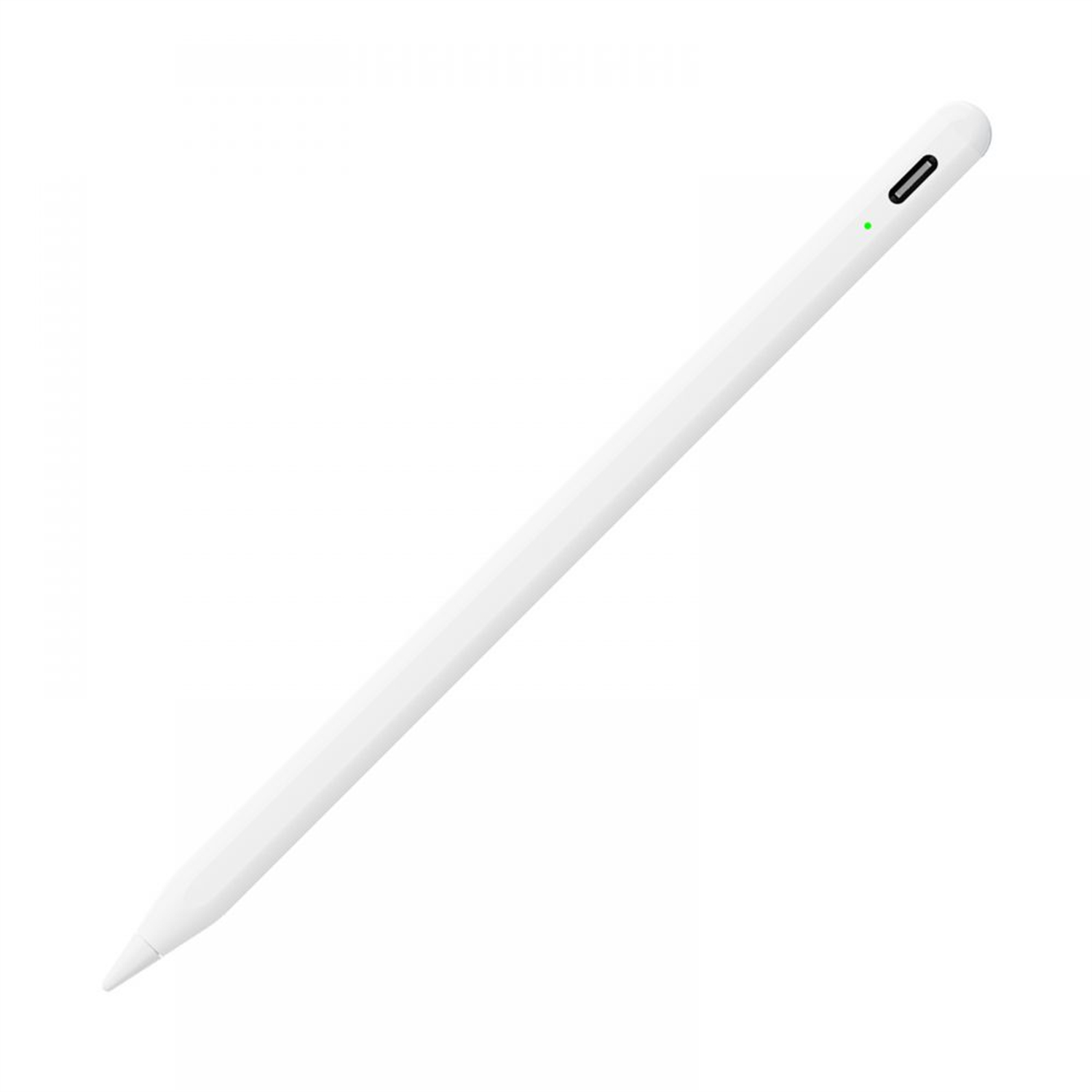 Ein weißer Stift mit grünem Licht, wahrscheinlich für digitale Geräte, auf weißem Hintergrund.