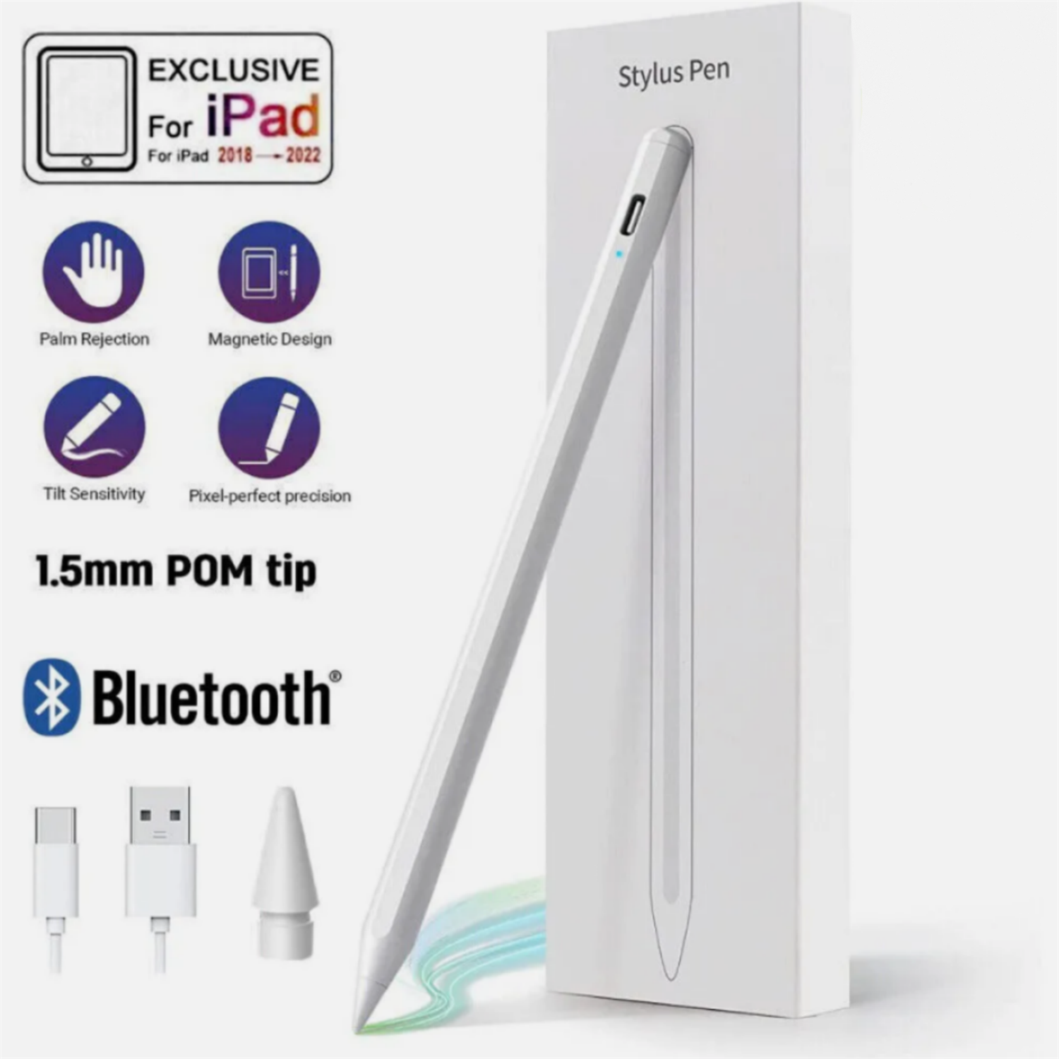 Ein weißer Stift in einer Verpackungsbox mit zusätzlichem Zubehör und Infografiken.