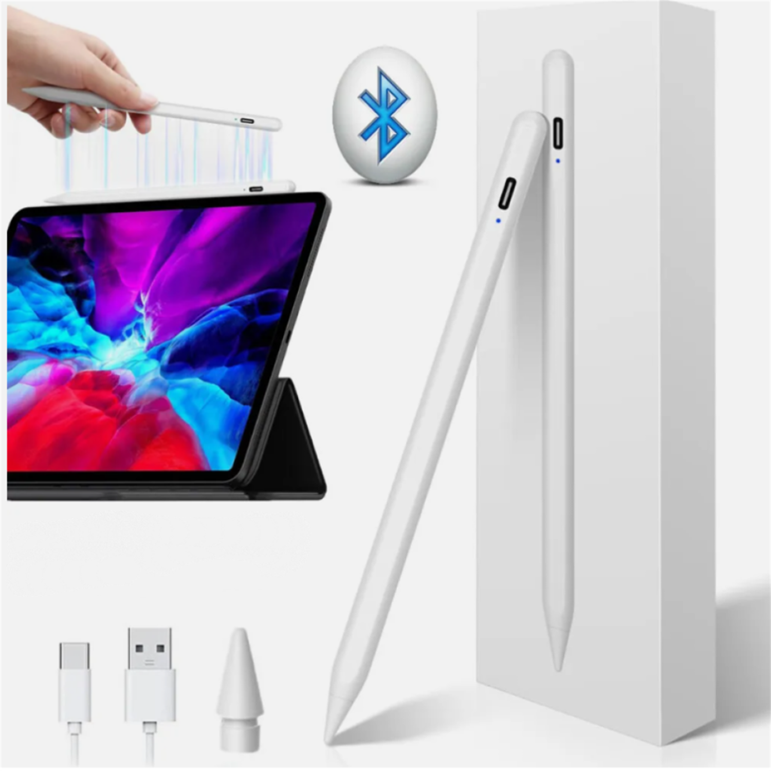 Zwei weiße Stifte mit iPad und Zubehör. Bluetooth-Logo ist sichtbar.