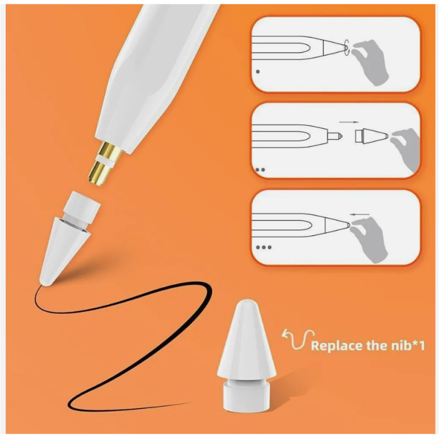 Weißer Stylus-Stift mit schwarzem Strich auf orangefarbenem Hintergrund. Ersatzspitzen werden gezeigt.