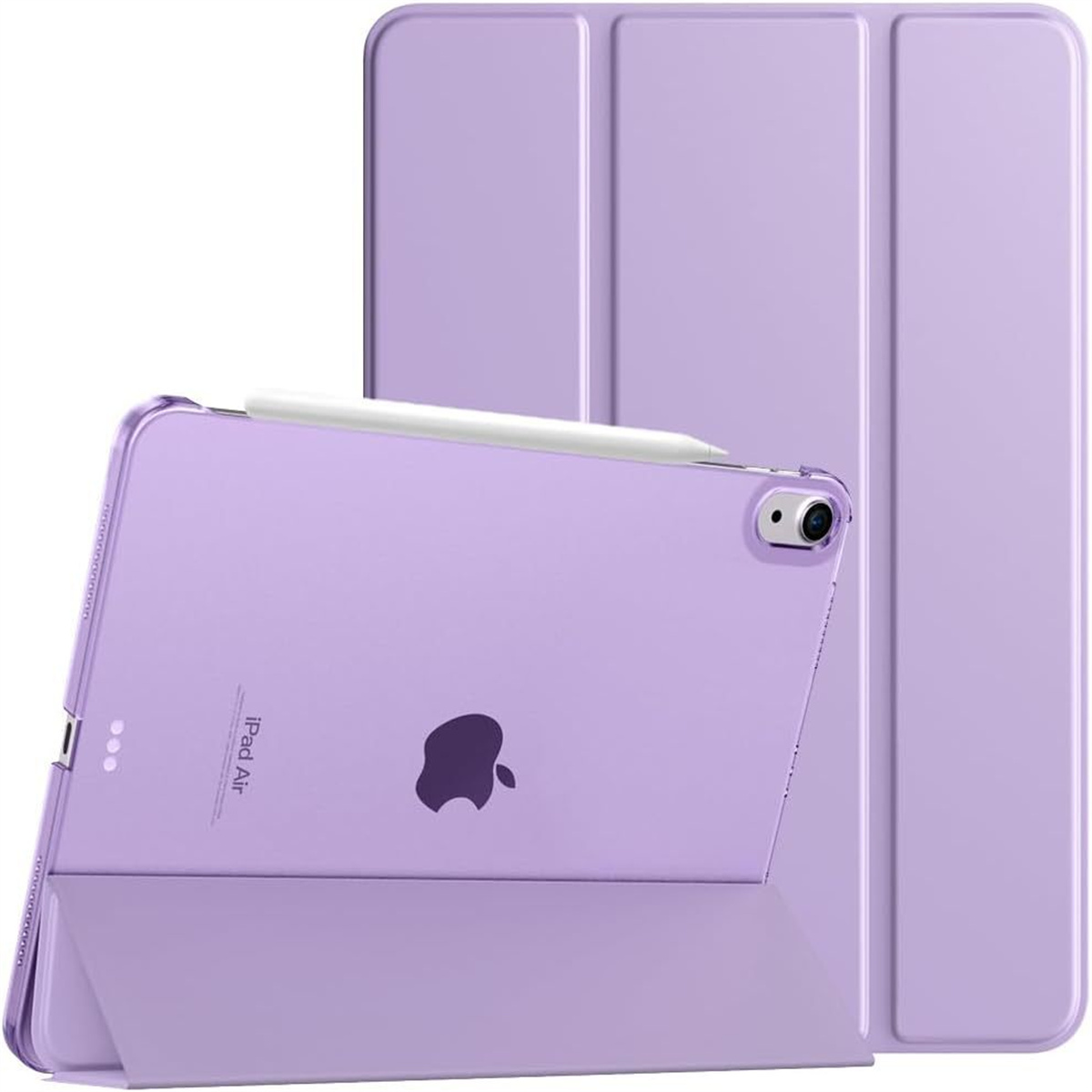 Ein lila iPad Air in einem lila Case mit einem weißen Stift, vor weißem Hintergrund.