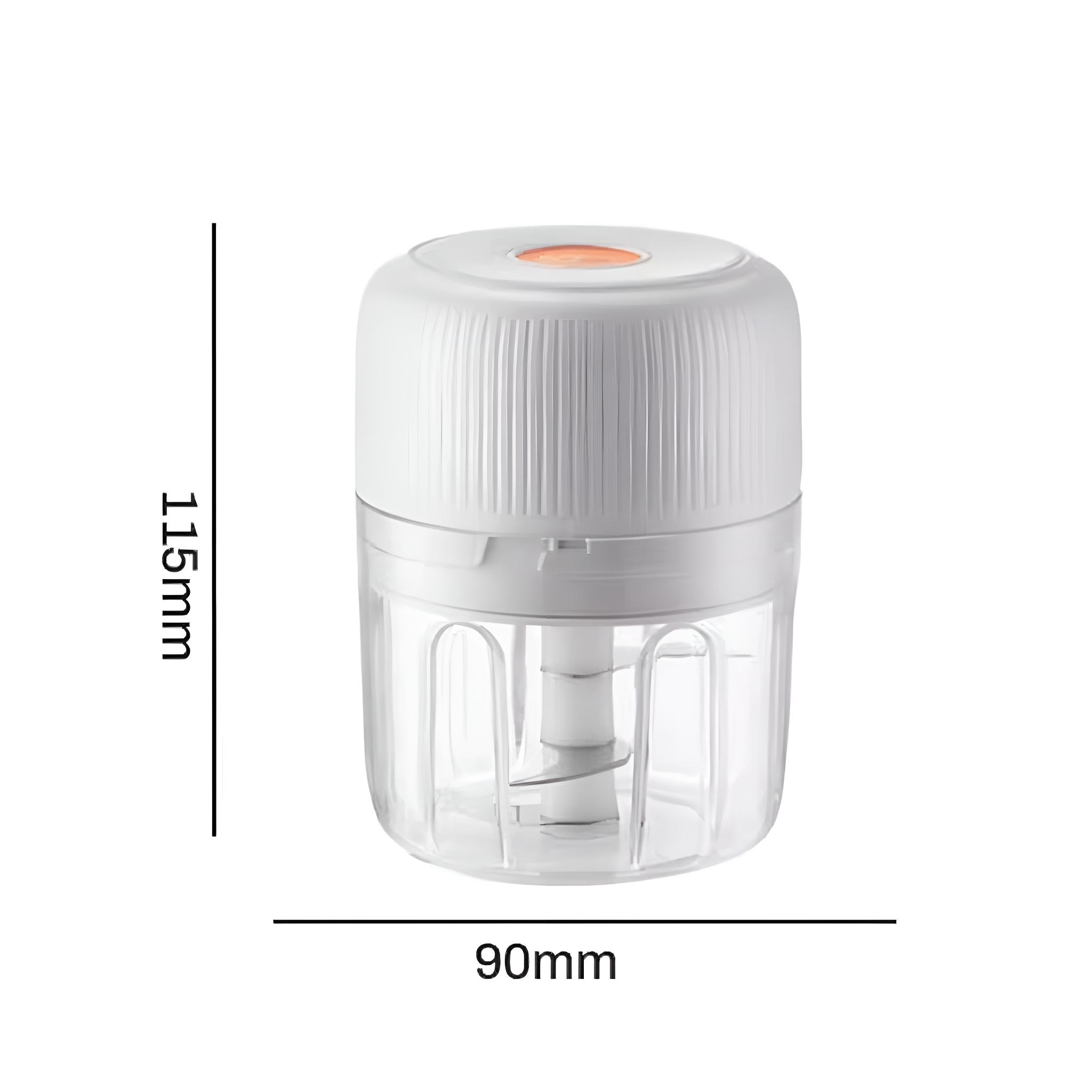 Ein kleiner, weißer Food Processor mit einem transparenten Behälter und einer Klinge.