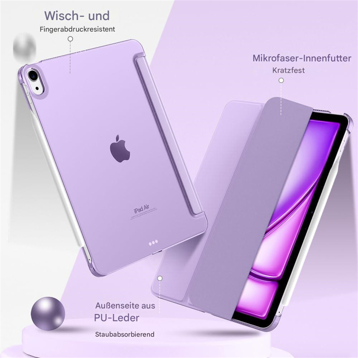 Lila iPad Air Hülle mit Apple Logo. Eigenschaften: wischfest, staubabsorbierend, Mikrofaserfutter. Zum Gebrauch geöffnet.