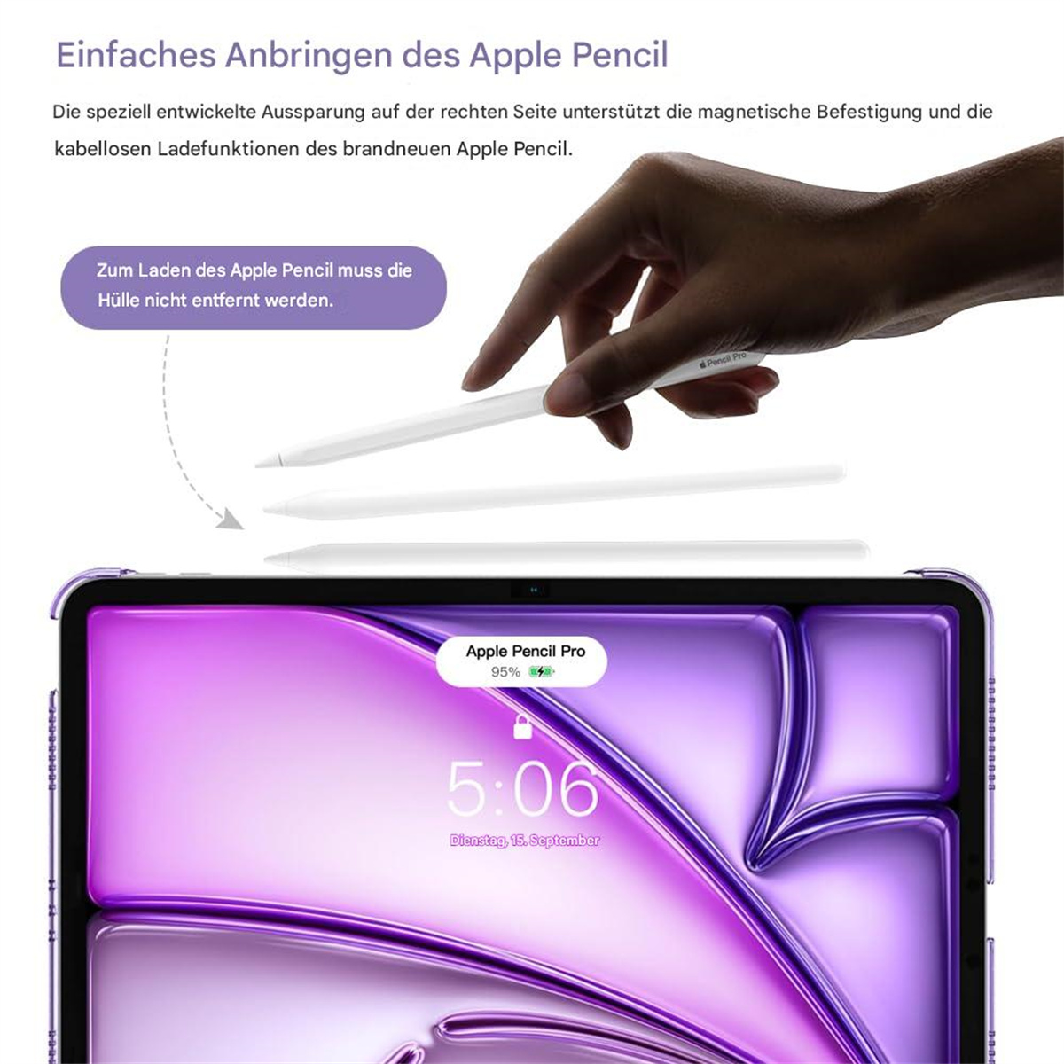 Apple Pencil Pro wird auf einem iPad geladen, mit Text und Grafiken.