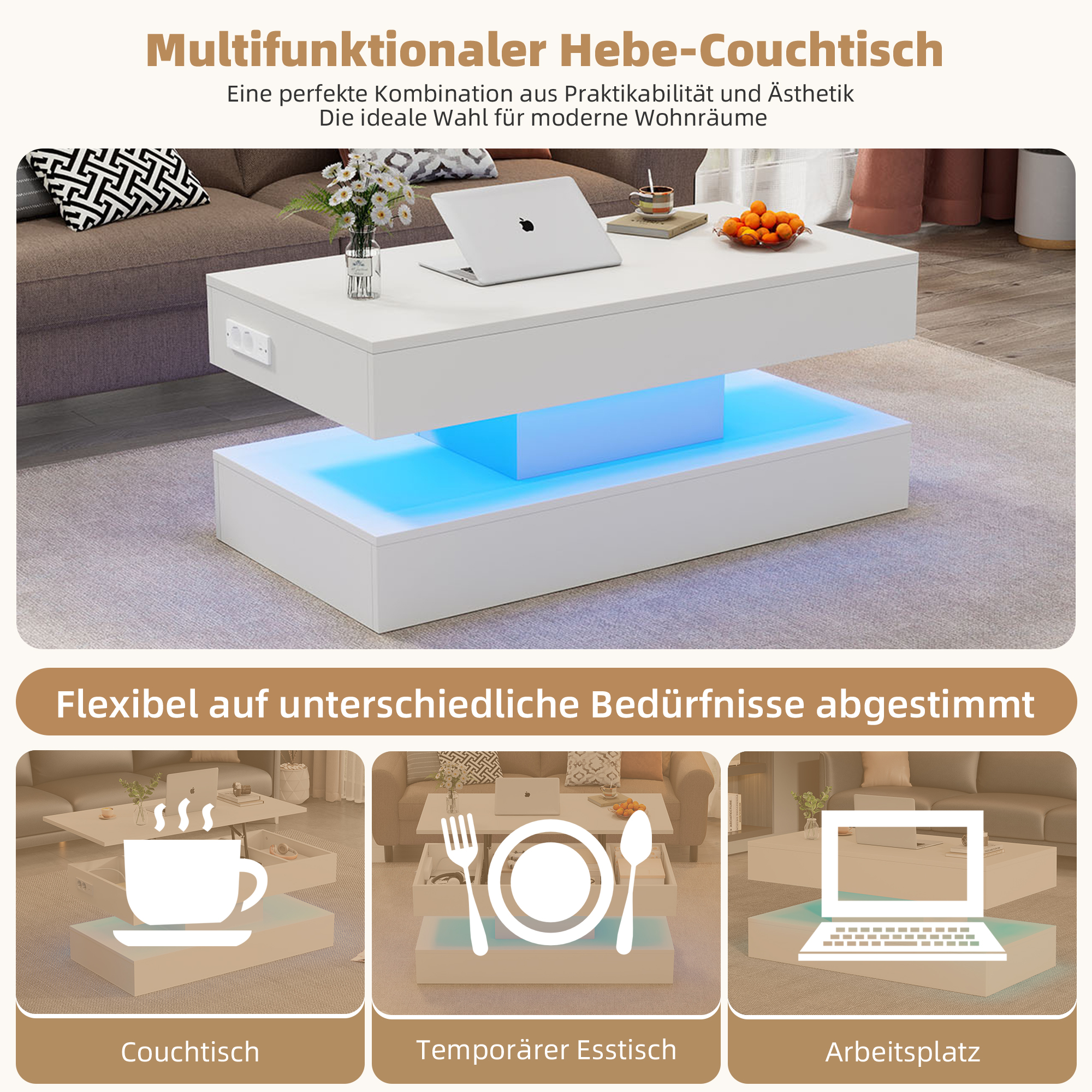 Weißer Couchtisch mit blauer LED-Beleuchtung. Der Tisch lässt sich öffnen und als Schreibtisch nutzen.