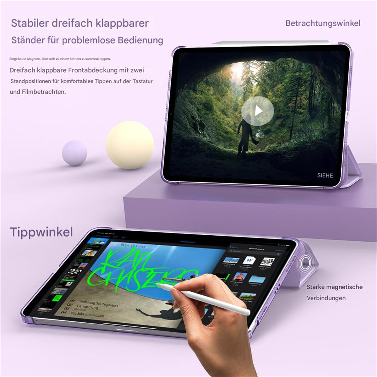 iPad in lila Hülle, zum Betrachten aufgestellt, mit Stift und Landschaftshintergrund.