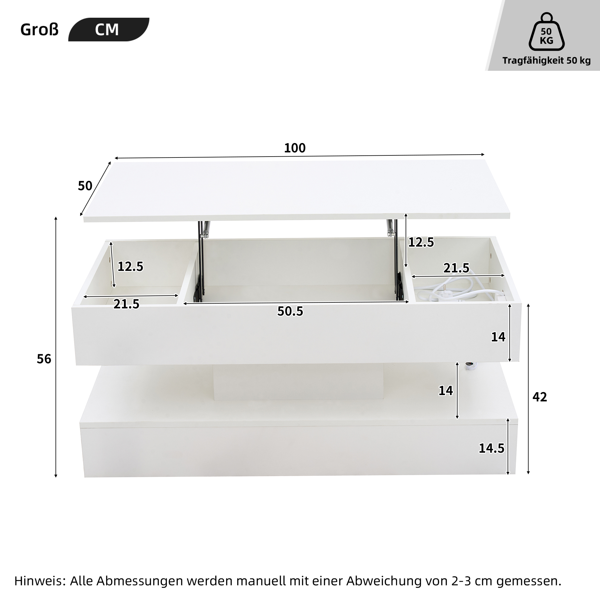 Diagramm eines weißen Couchtischs mit Hebevorrichtung, mit Abmessungen in Zentimetern.