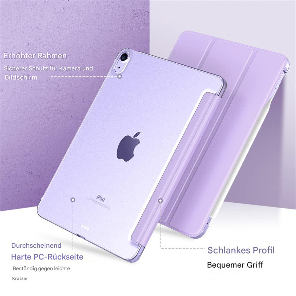 Lila iPad in einer Hülle. Eine Hülle und ein weißer Stift liegen daneben. Der Hintergrund ist lila.