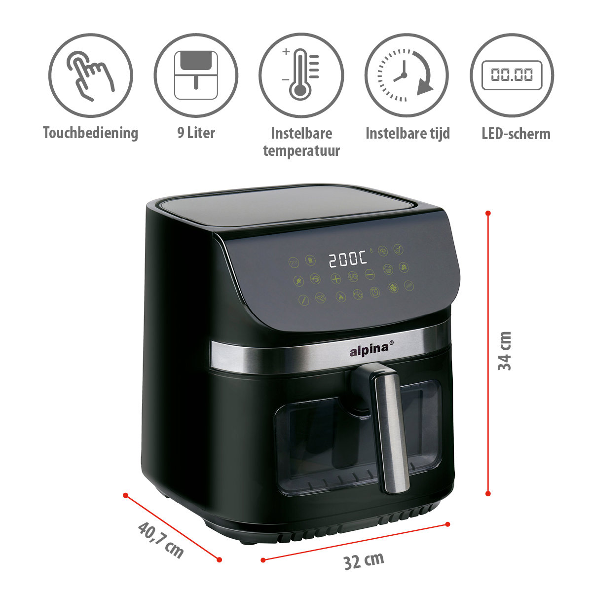 Zwarte airfryer met display en afmetingen. Een keukenachtergrond.