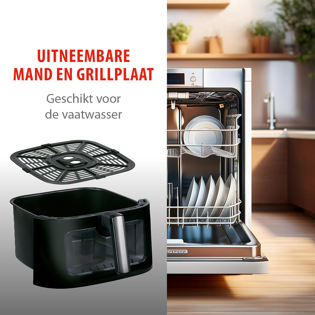 Zwarte airfryer met uitneembare grill en mand. Vaatwasser op de achtergrond.