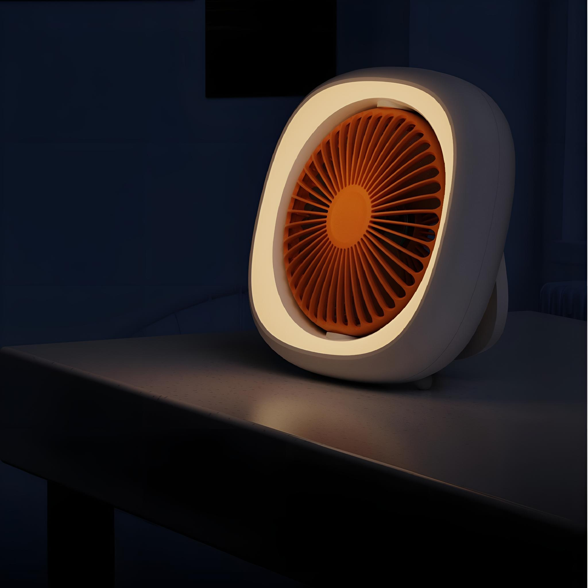 Ein weißer Ventilator mit orangefarbenen Flügeln, beleuchtet. Im dunklen Raum.