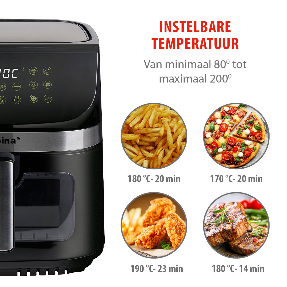 Zwarte airfryer met afbeeldingen van eten: friet, pizza, kip en steak. Temperatuurinstellingen en kooktijden worden weergegeven.