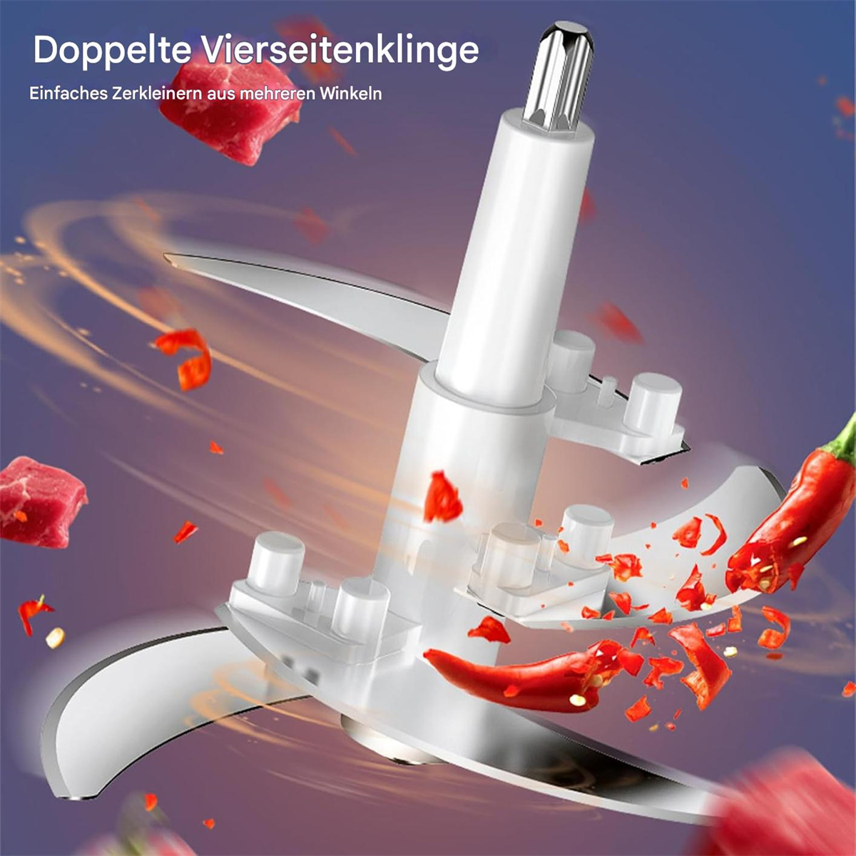 Schneidklingen und rote Chilischoten und Fleischstücke. Text: Doppelseitige vierkantige Klingen.