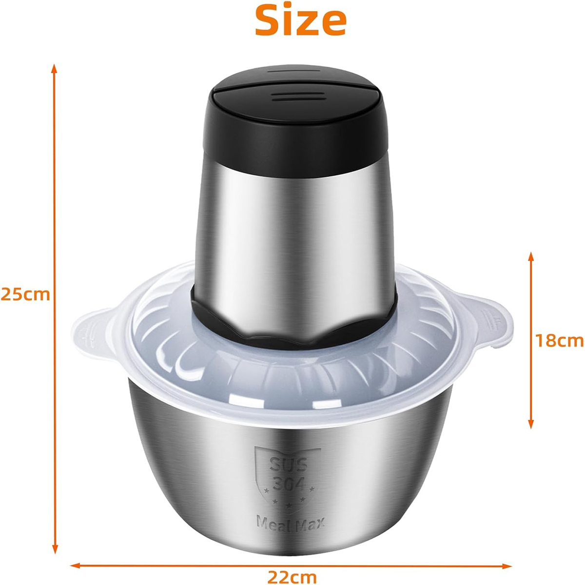 Ein Lebensmittelverarbeiter mit angegebenen Abmessungen: 25 cm hoch, 22 cm breit und 18 cm tief.