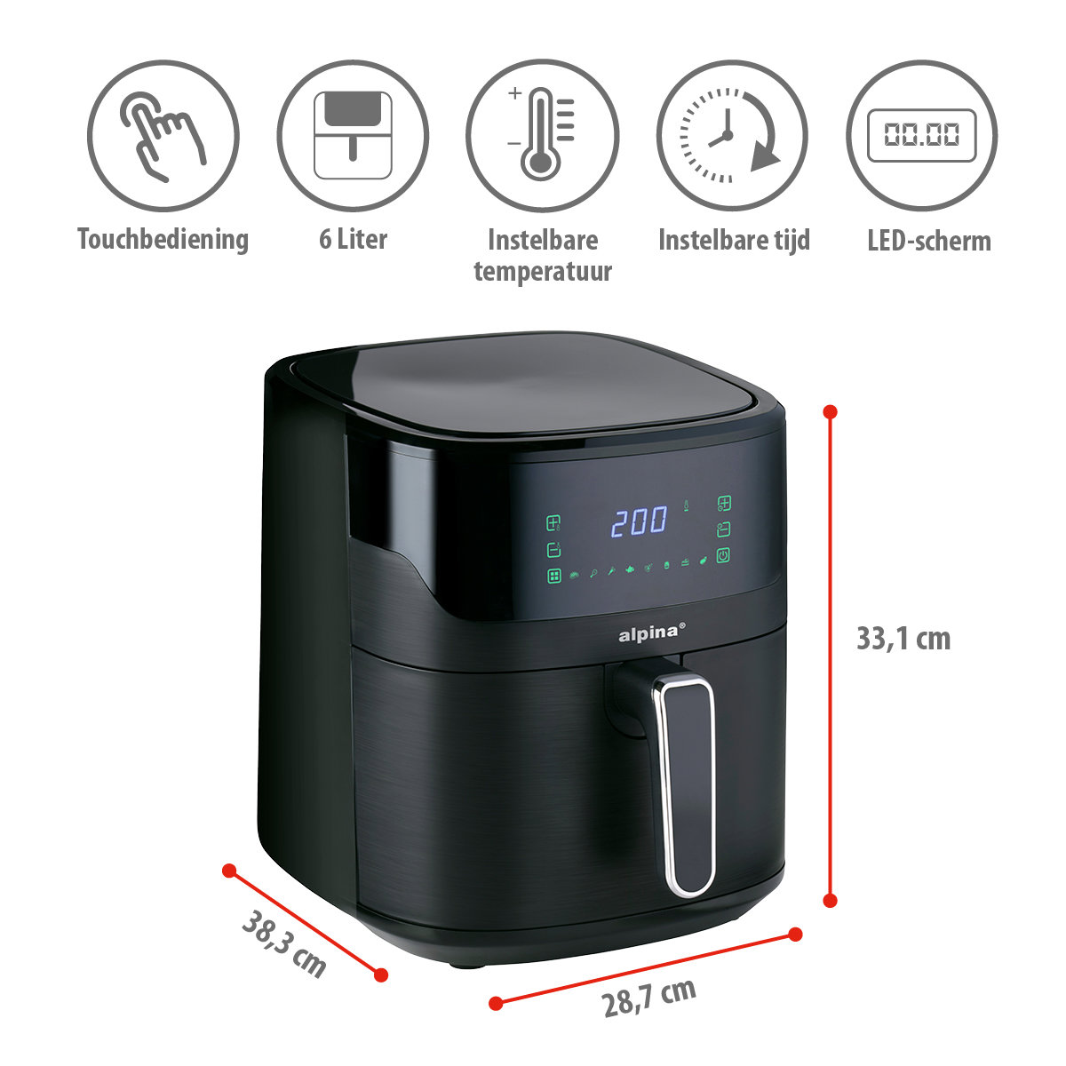 Zwarte airfryer met aanraakbediening, 6 liter capaciteit, temperatuurinstellingen, timer en LED-scherm. Afmetingen in cm.
